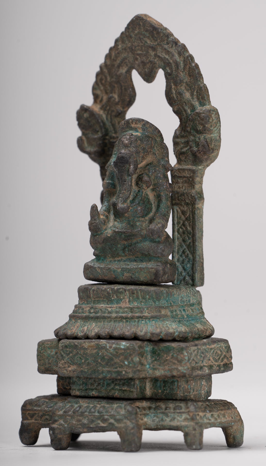 Ganesha Statue - Antique Thai Style Enthroned Bronze Seated Ganesha Statue - 11.5cm/5"