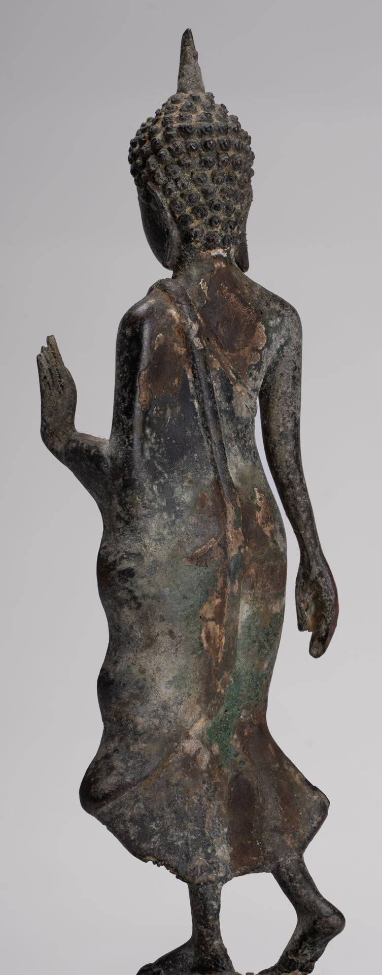 Antique Sukhothai Style Standing Bronze Protection Walking Buddha Statue - 31cm/12"