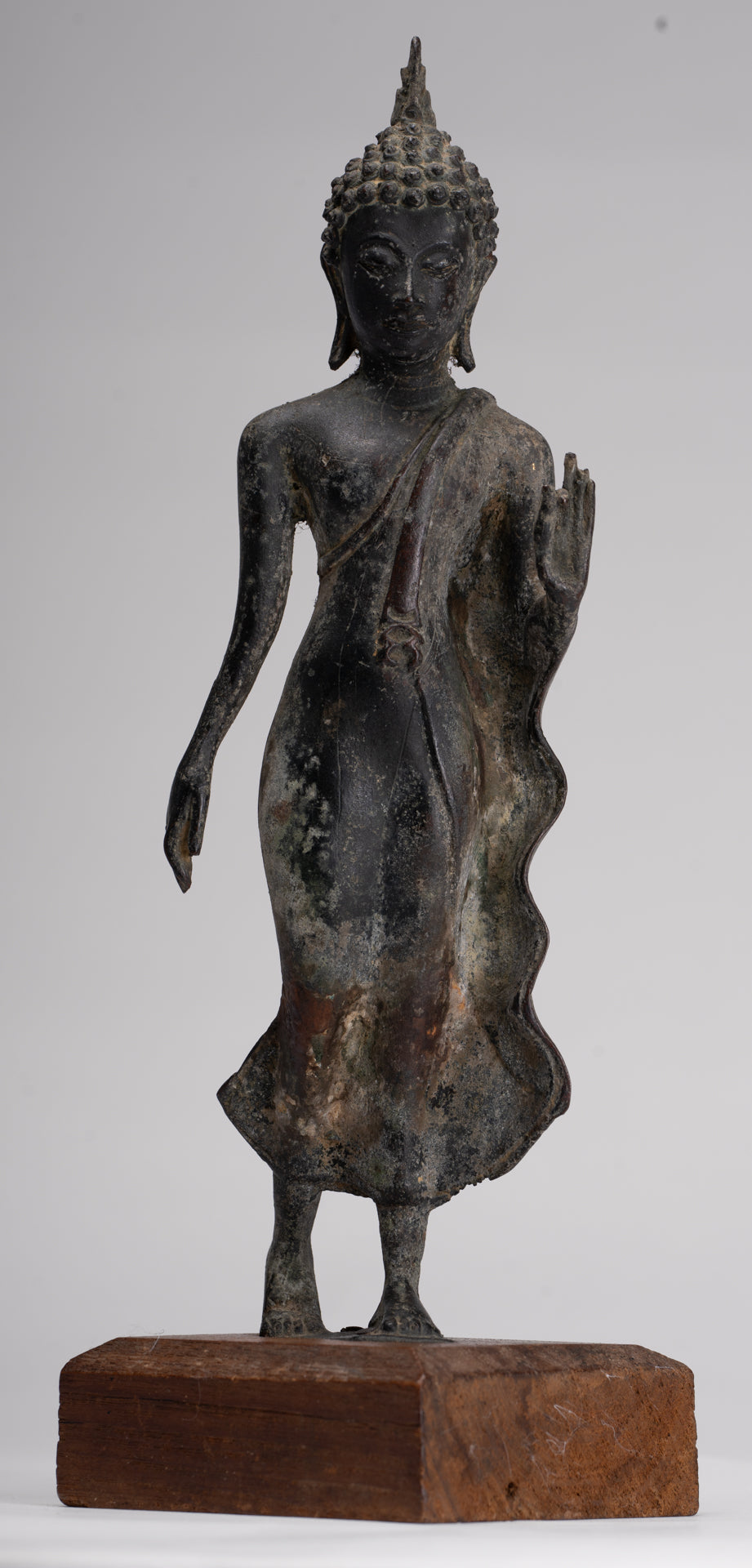 Antique Sukhothai Style Standing Bronze Protection Walking Buddha Statue - 31cm/12"