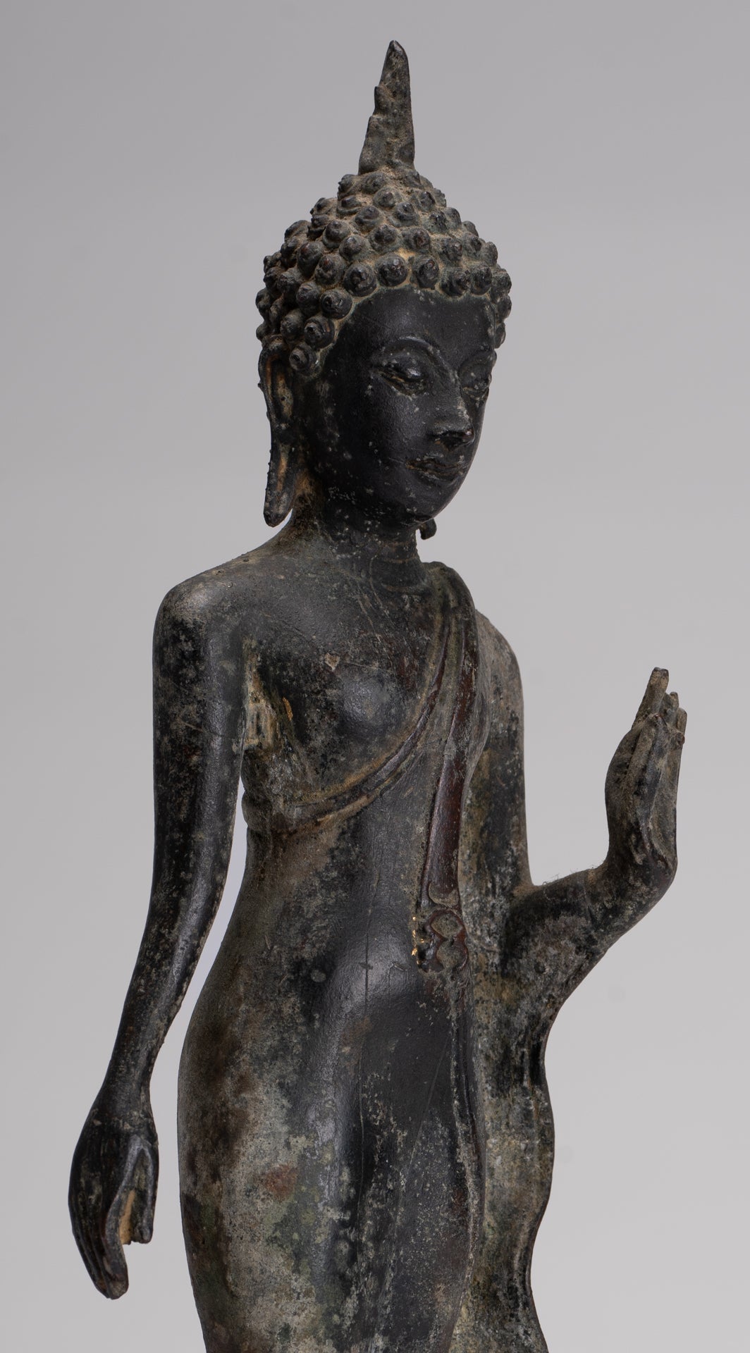 Antique Sukhothai Style Standing Bronze Protection Walking Buddha Statue - 31cm/12"