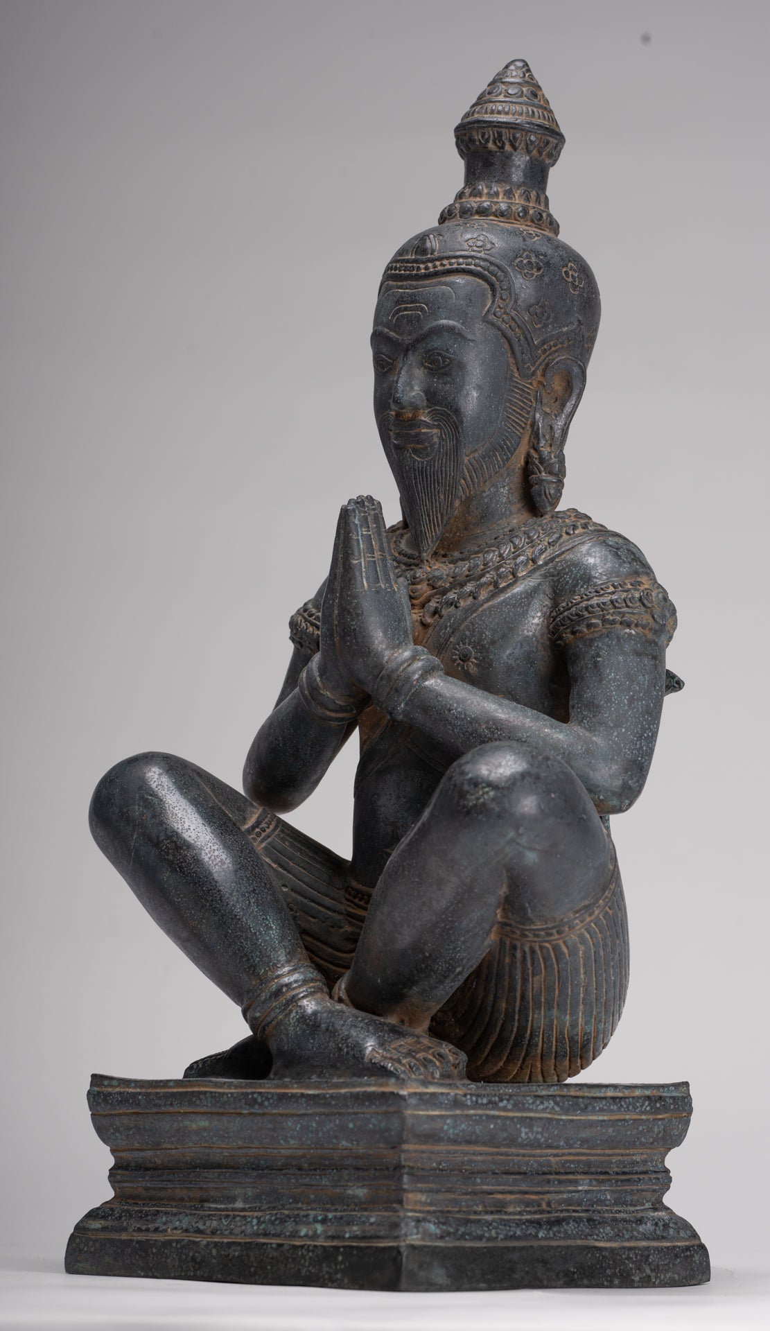 Rishi Statue - Antique Khmer Style Seated Bronze Rishi or Wise Man - 42cm/17"