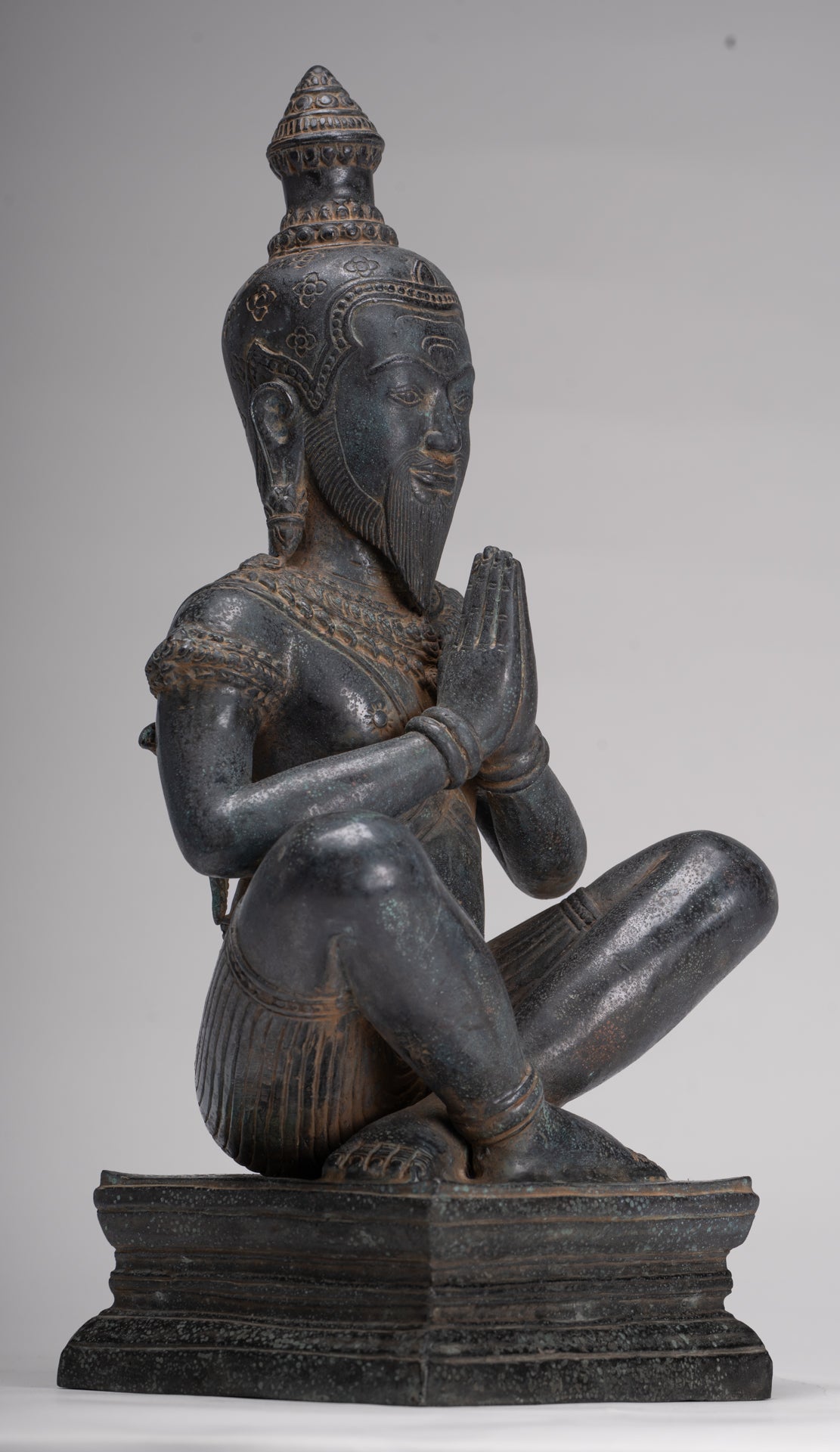 Rishi Statue - Antique Khmer Style Seated Bronze Rishi or Wise Man - 42cm/17"