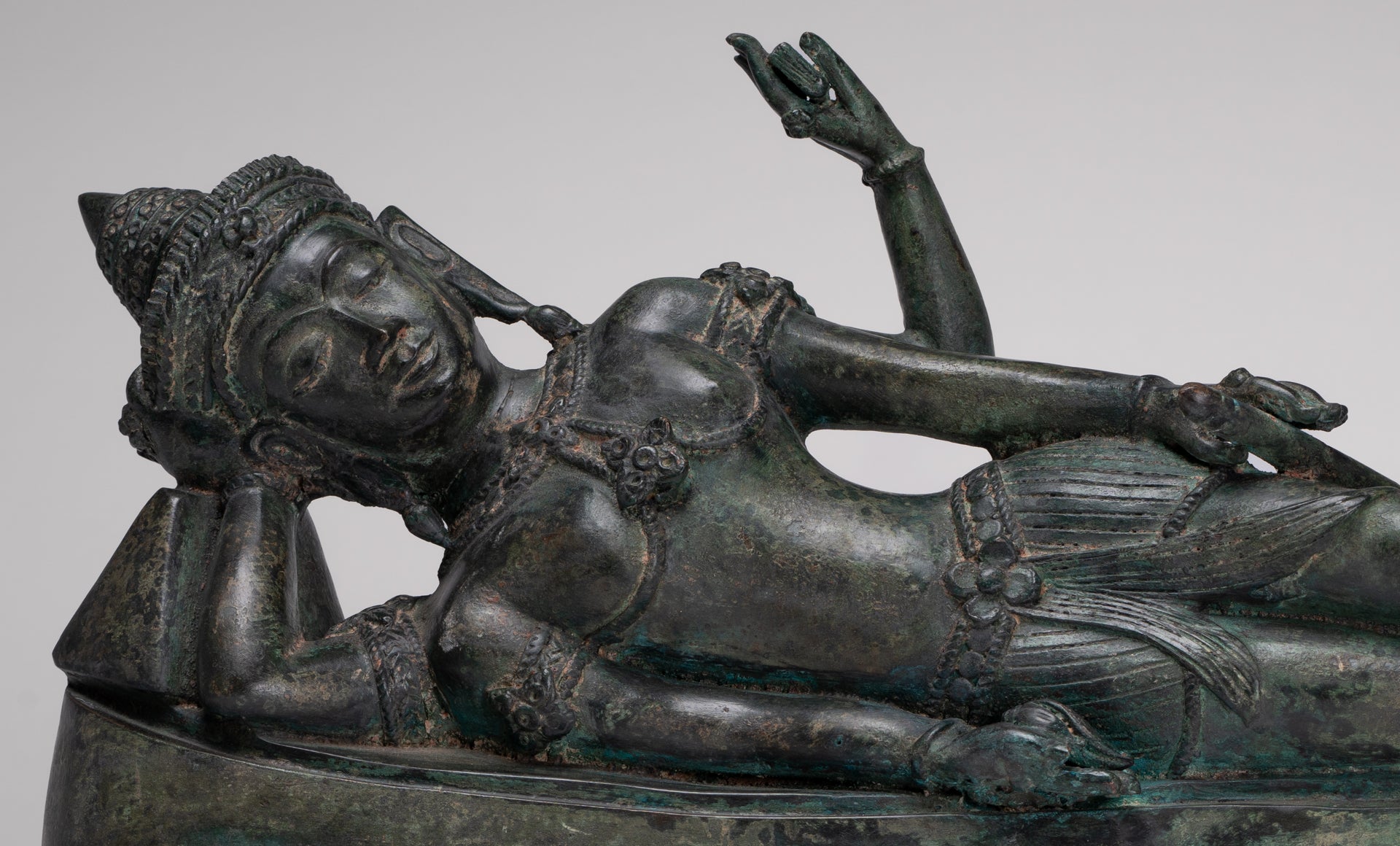 Antique Lopburi Style Thai Bronze Reclining Vishnu Statue - 55cm/22" Long