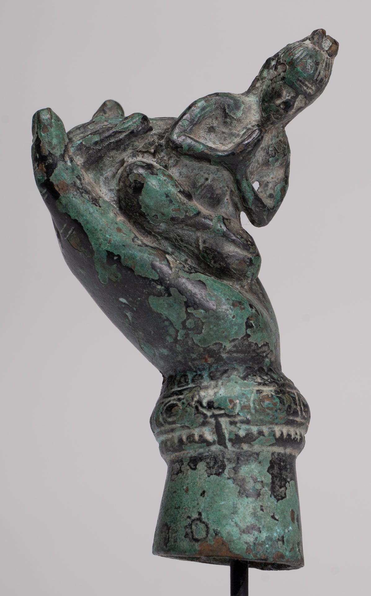 Rishi Statue - Antique Khmer Style Mounted Bronze Rishi or Wise Man in Hand - 17cm/7"