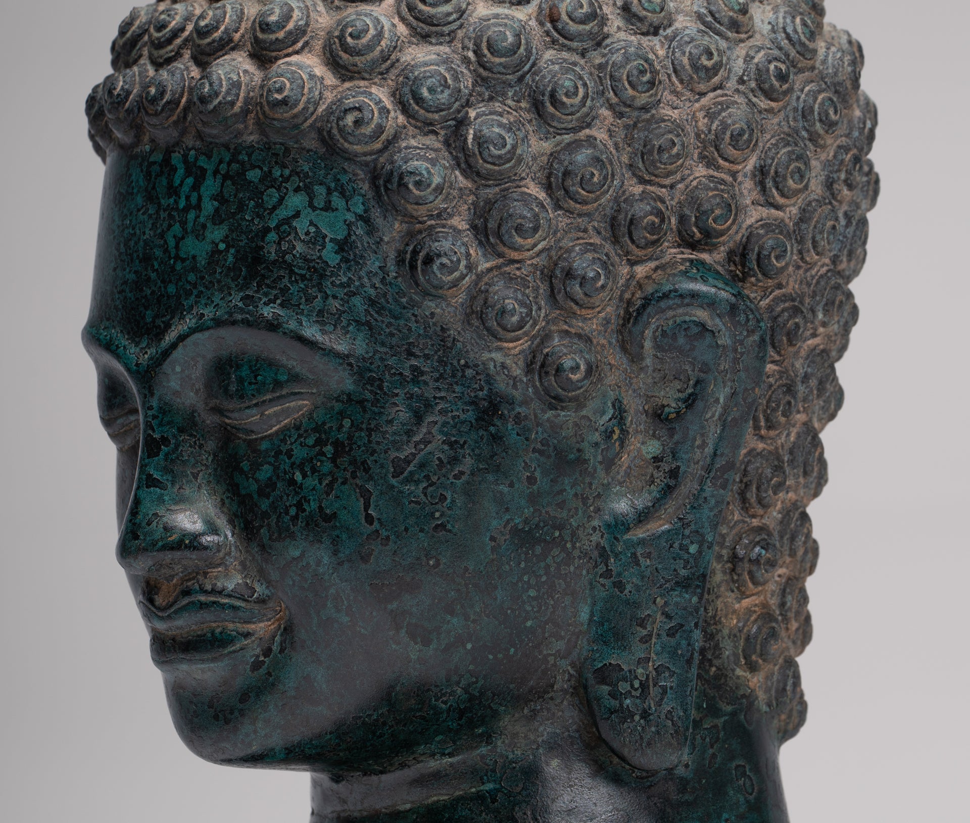 Buddha Statue - Antique Khmer Style Bronze Phnom Da Buddha Head - 30cm/12"
