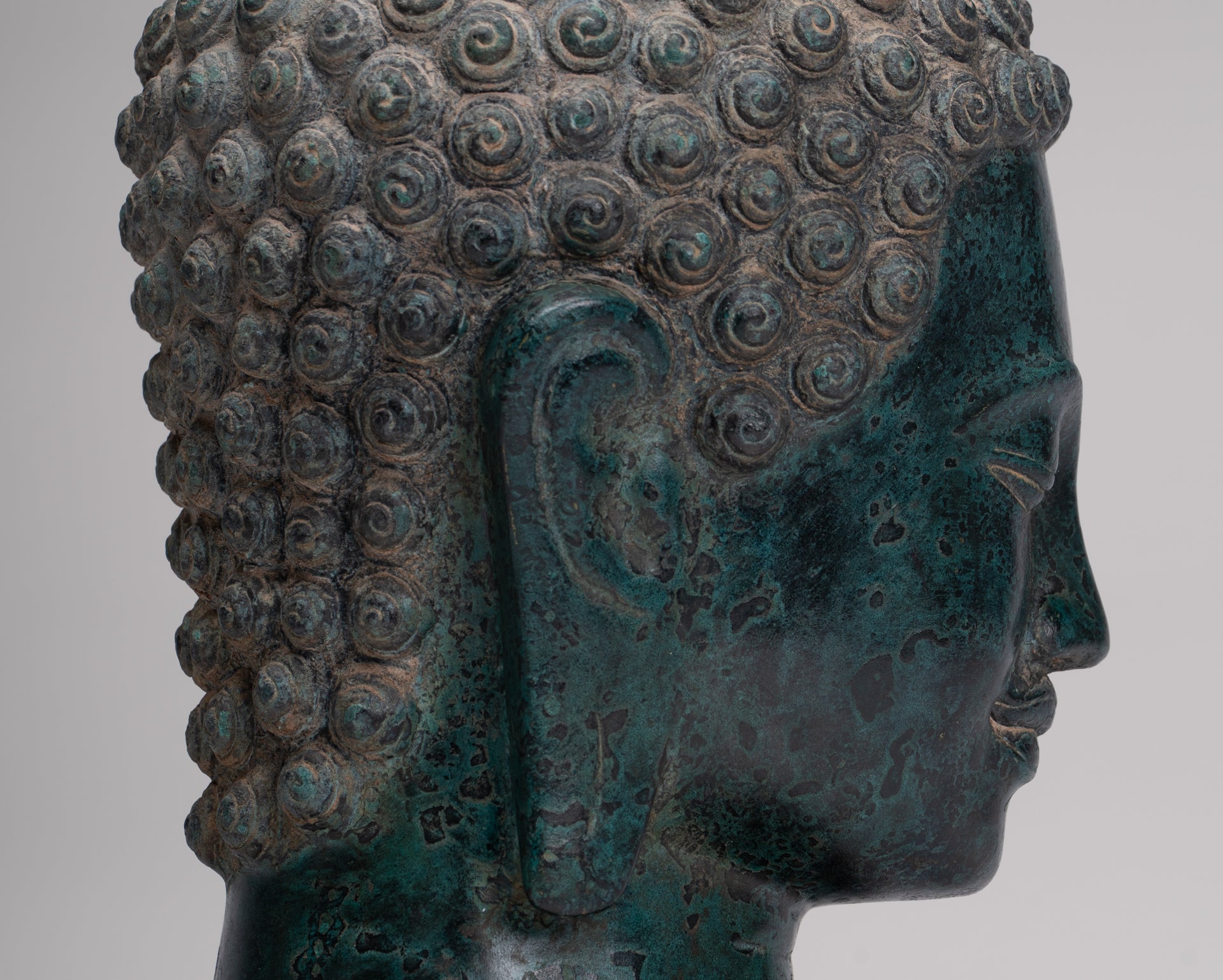 Buddha Statue - Antique Khmer Style Bronze Phnom Da Buddha Head - 30cm/12"