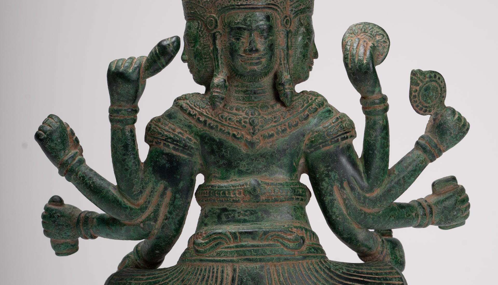Brahma Statue - Antique Khmer Style Bronze 8 Arm Bayon Brahma - Hindu God Creation - 31cm/12"