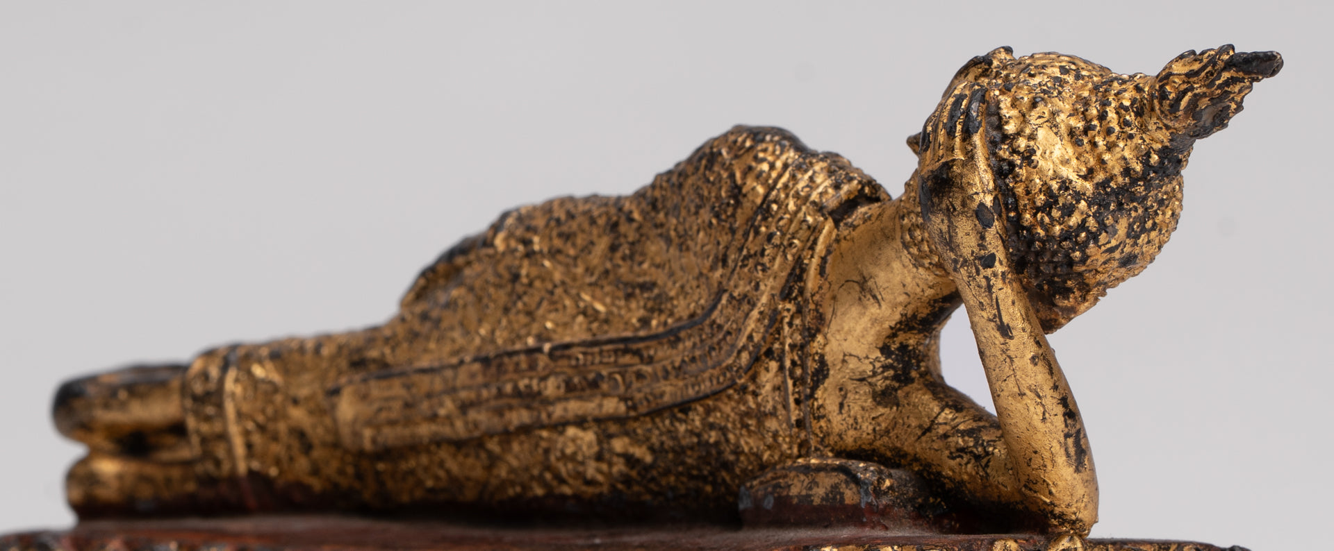 Antique Thai Style Bronze Rattanakosin Reclining Nirvana Buddha Statue - 18.5cm/7"