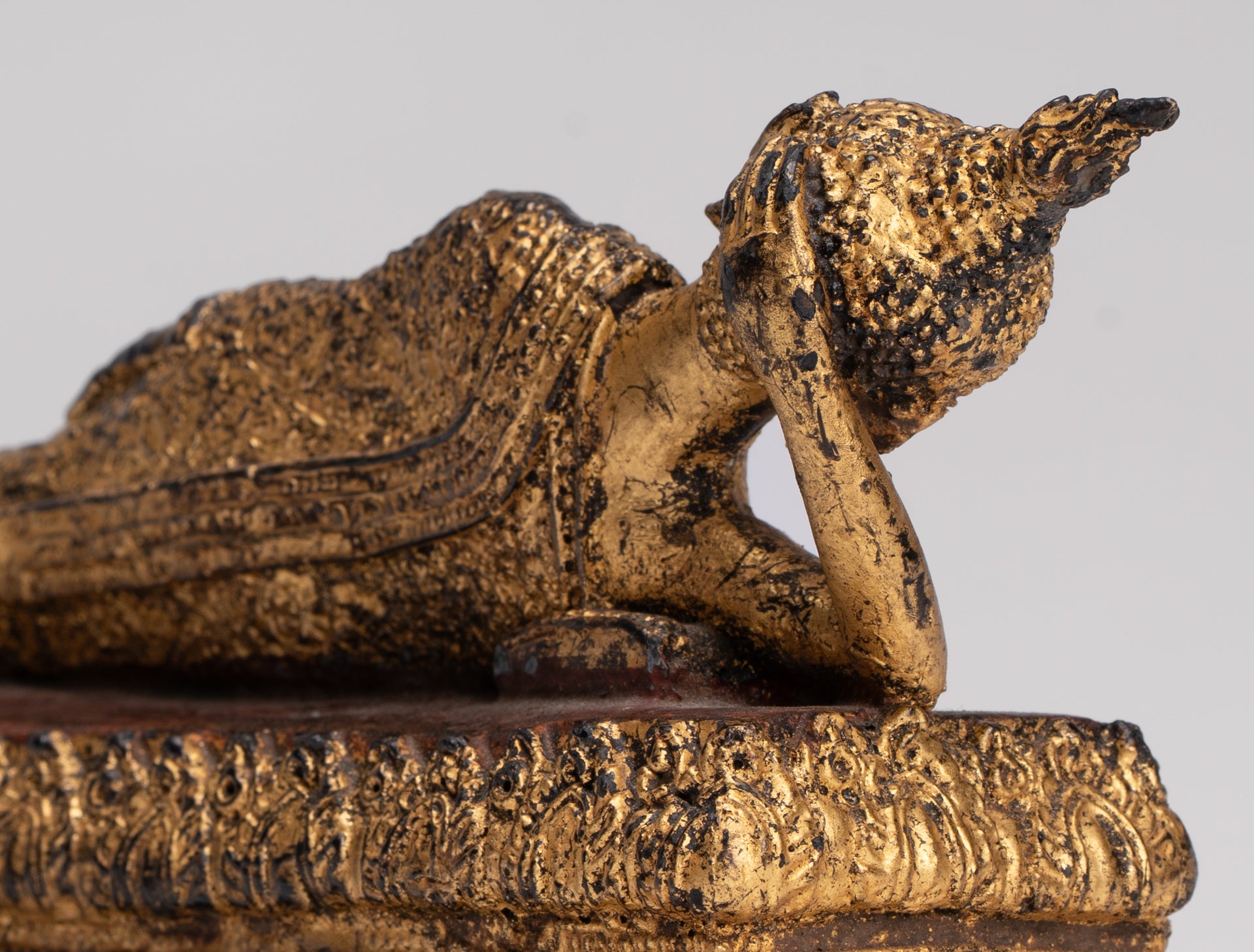 Antique Thai Style Bronze Rattanakosin Reclining Nirvana Buddha Statue - 18.5cm/7"