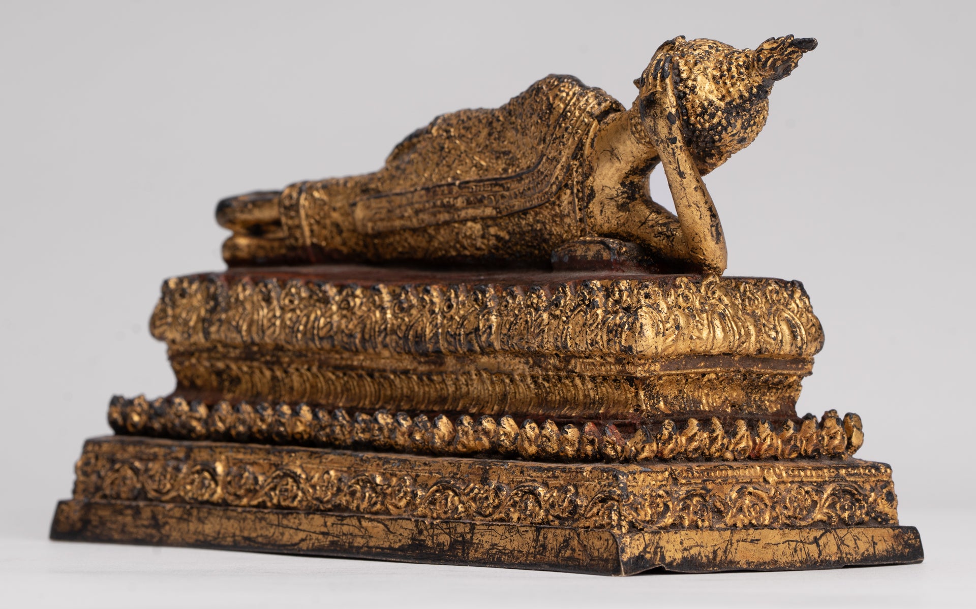 Antique Thai Style Bronze Rattanakosin Reclining Nirvana Buddha Statue - 18.5cm/7"