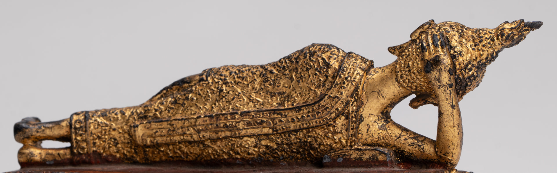 Antique Thai Style Bronze Rattanakosin Reclining Nirvana Buddha Statue - 18.5cm/7"