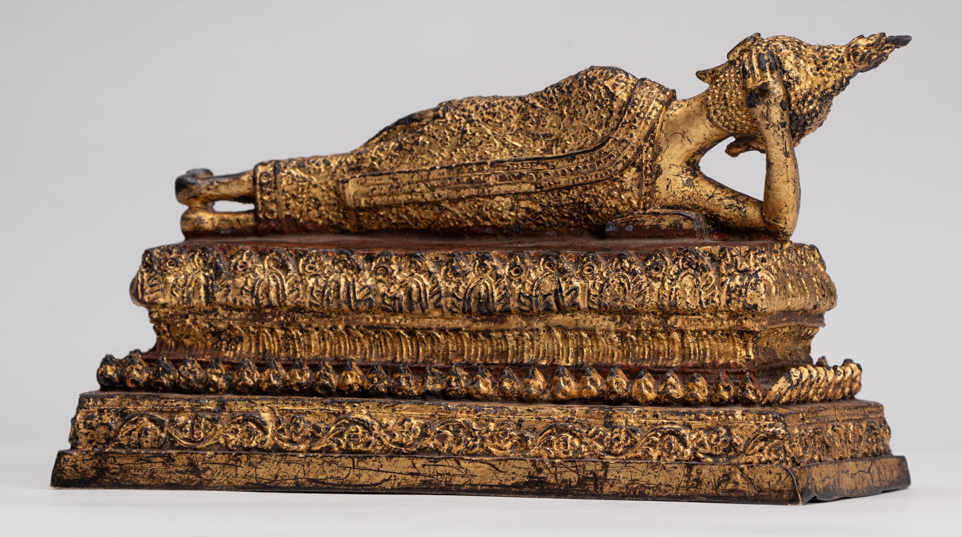 Antique Thai Style Bronze Rattanakosin Reclining Nirvana Buddha Statue - 18.5cm/7"