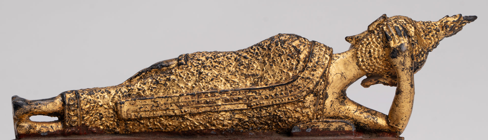 Antique Thai Style Bronze Rattanakosin Reclining Nirvana Buddha Statue - 18.5cm/7"