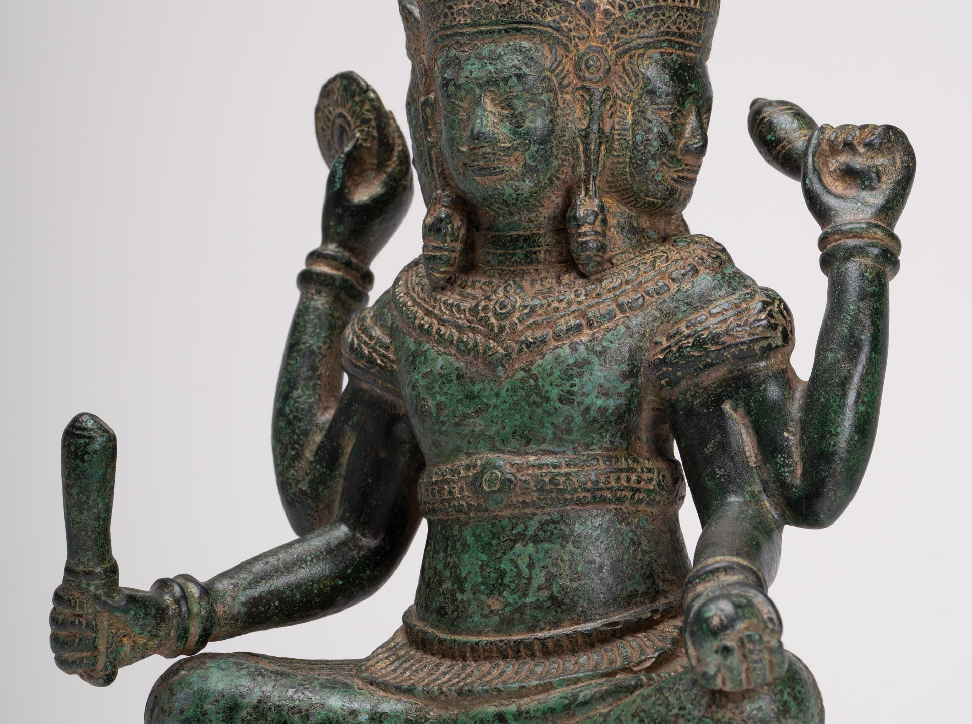 Brahma Statue - Antique Khmer Style Bronze 4 Arm Bayon Brahma - Hindu God Creation - 31cm/12"