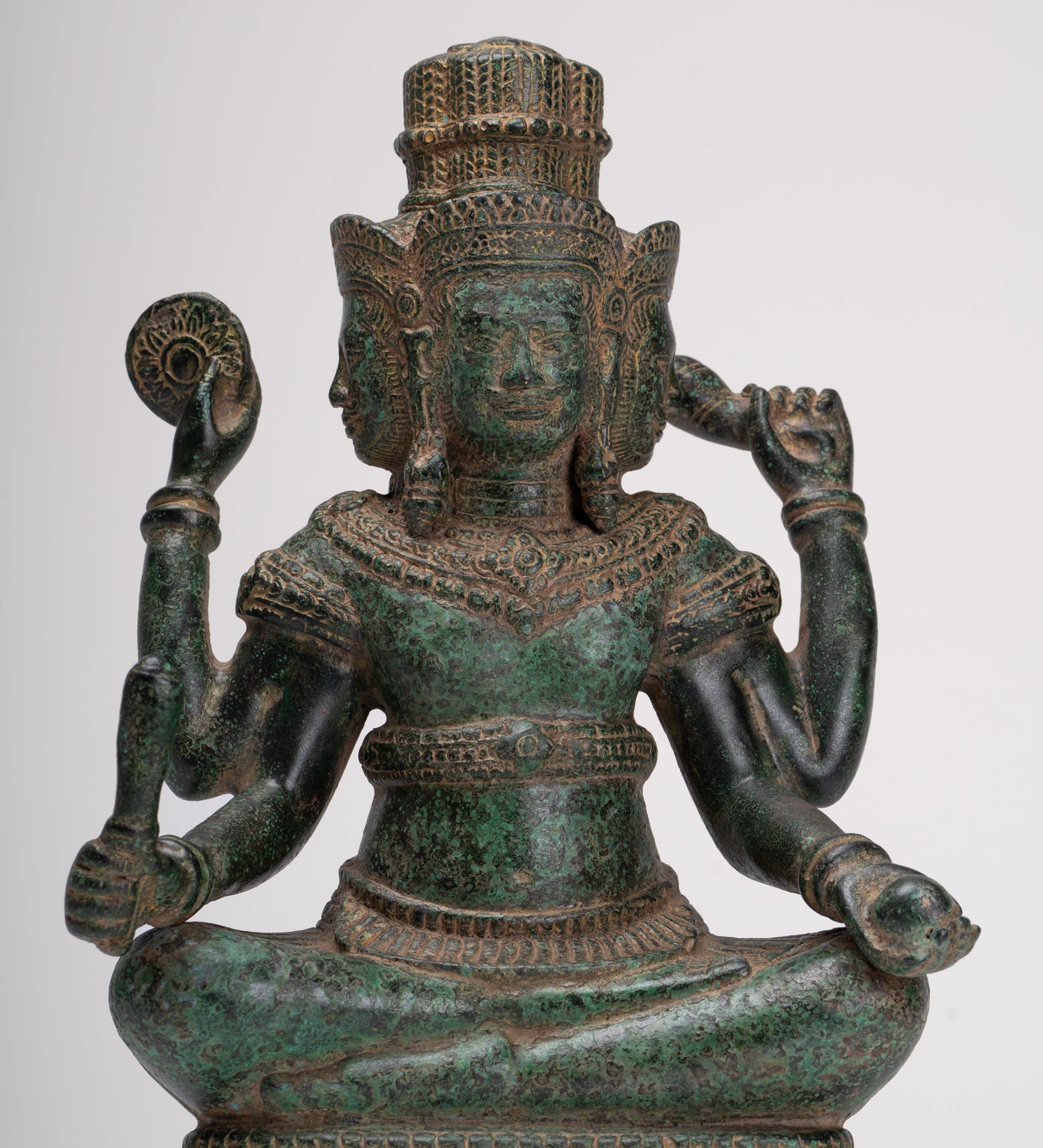Brahma Statue - Antique Khmer Style Bronze 4 Arm Bayon Brahma - Hindu God Creation - 31cm/12"