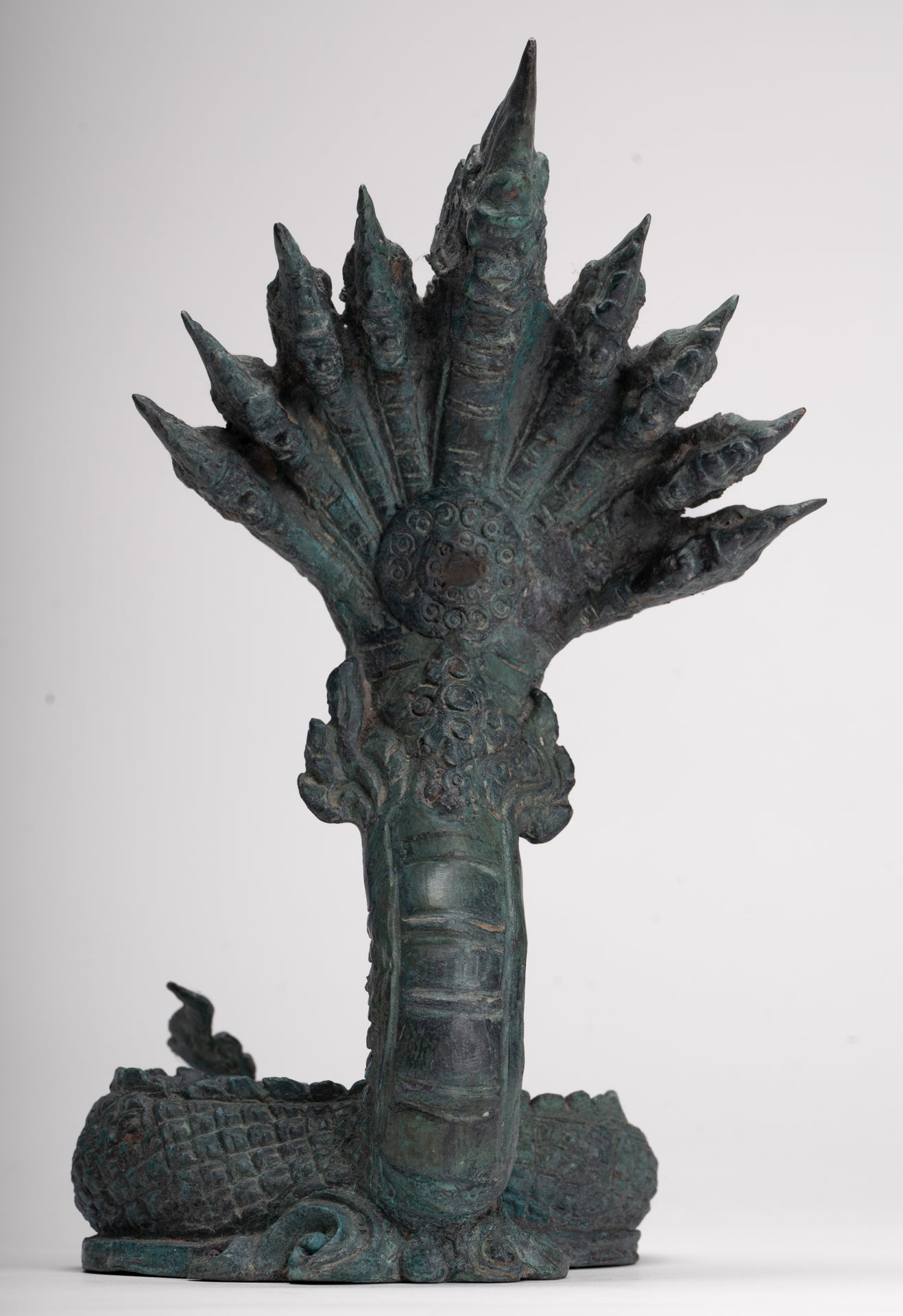 Antique Thai Style Bronze Nine Head Protective Naga, Snake or Serpent Statue - 28cm/11"