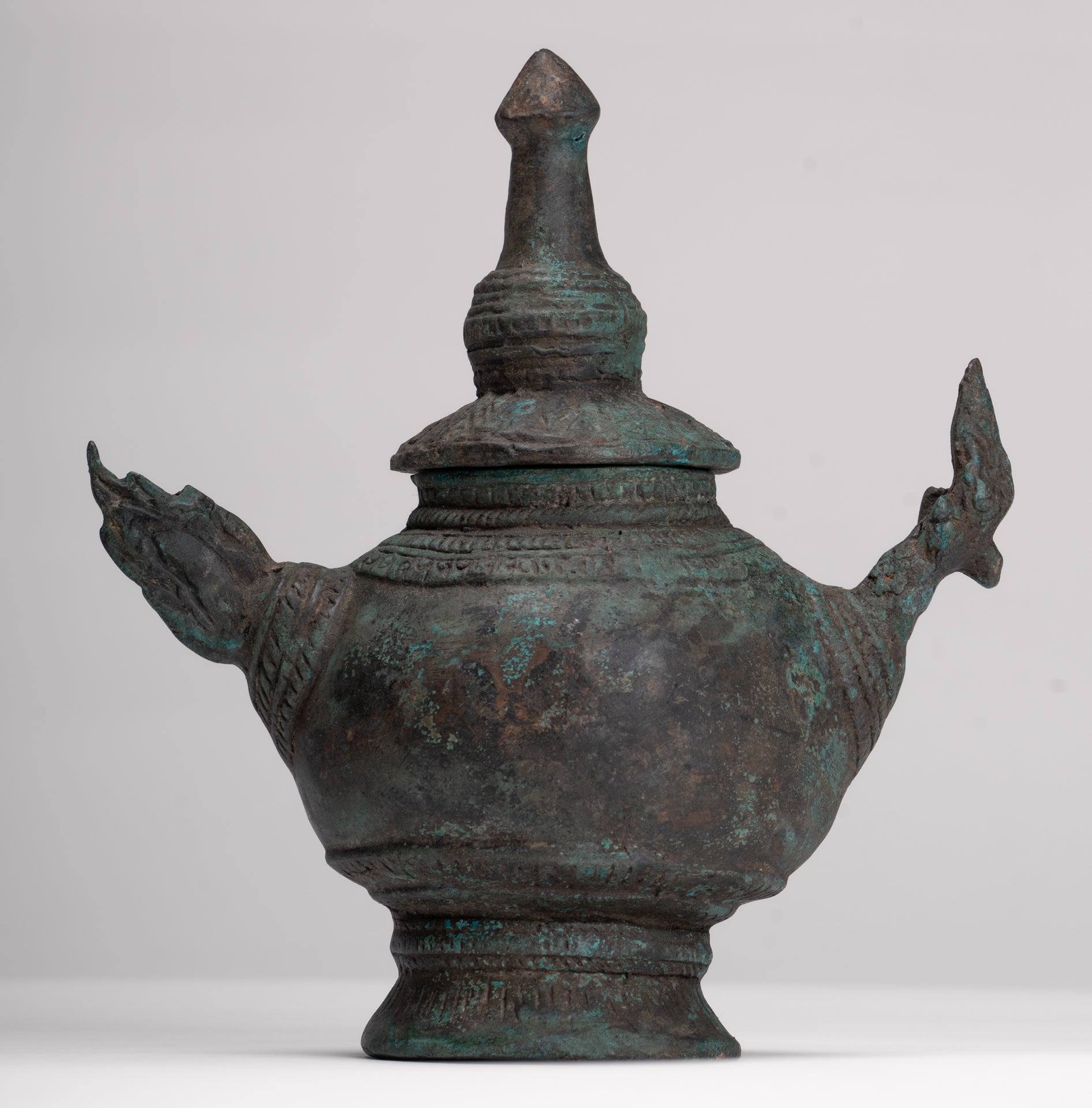 Naga Vessel - Antique Thai Style Bronze Naga Holy Water Vessel - 20.5cm/8"