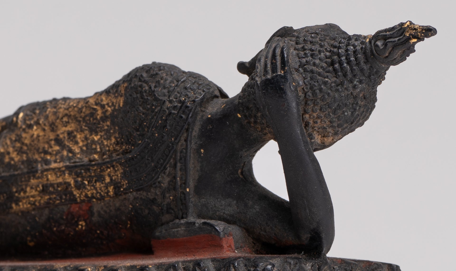 Buddha Statue - Antique Thai Style Bronze Rattanakosin Reclining Nirvana Buddha Statue - 19cm/8"