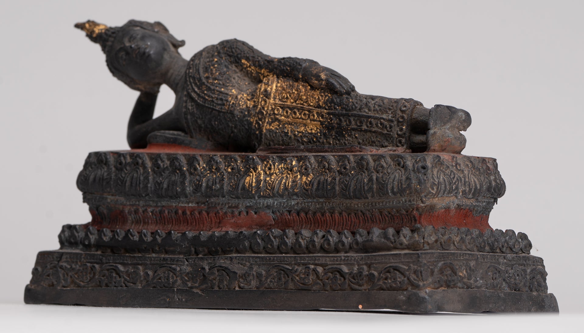 Buddha Statue - Antique Thai Style Bronze Rattanakosin Reclining Nirvana Buddha Statue - 19cm/8"