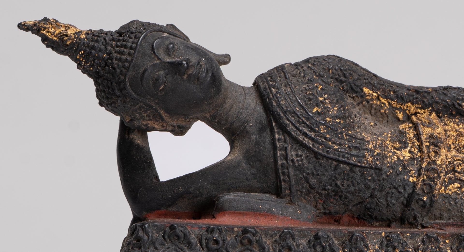 Buddha Statue - Antique Thai Style Bronze Rattanakosin Reclining Nirvana Buddha Statue - 19cm/8"