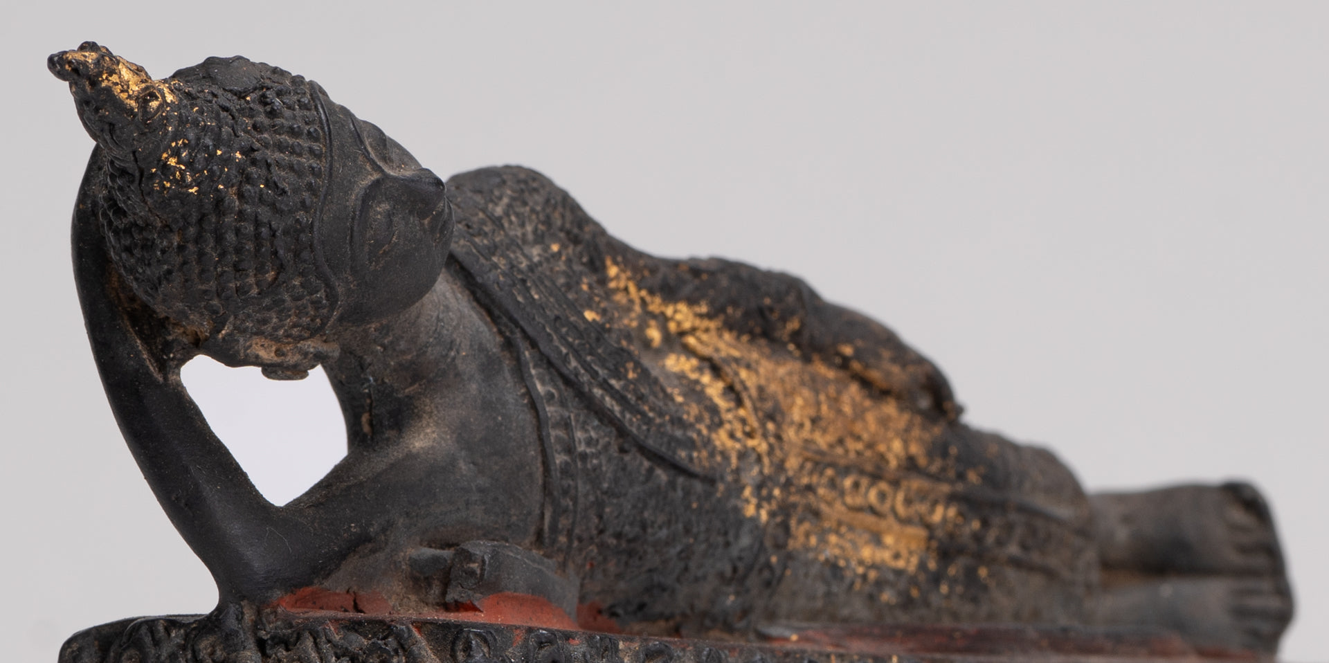 Buddha Statue - Antique Thai Style Bronze Rattanakosin Reclining Nirvana Buddha Statue - 19cm/8"