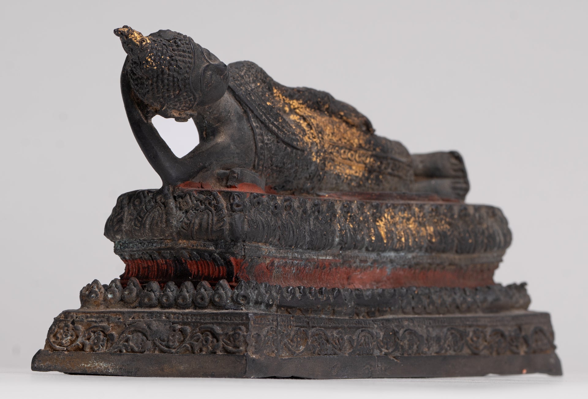 Buddha Statue - Antique Thai Style Bronze Rattanakosin Reclining Nirvana Buddha Statue - 19cm/8"