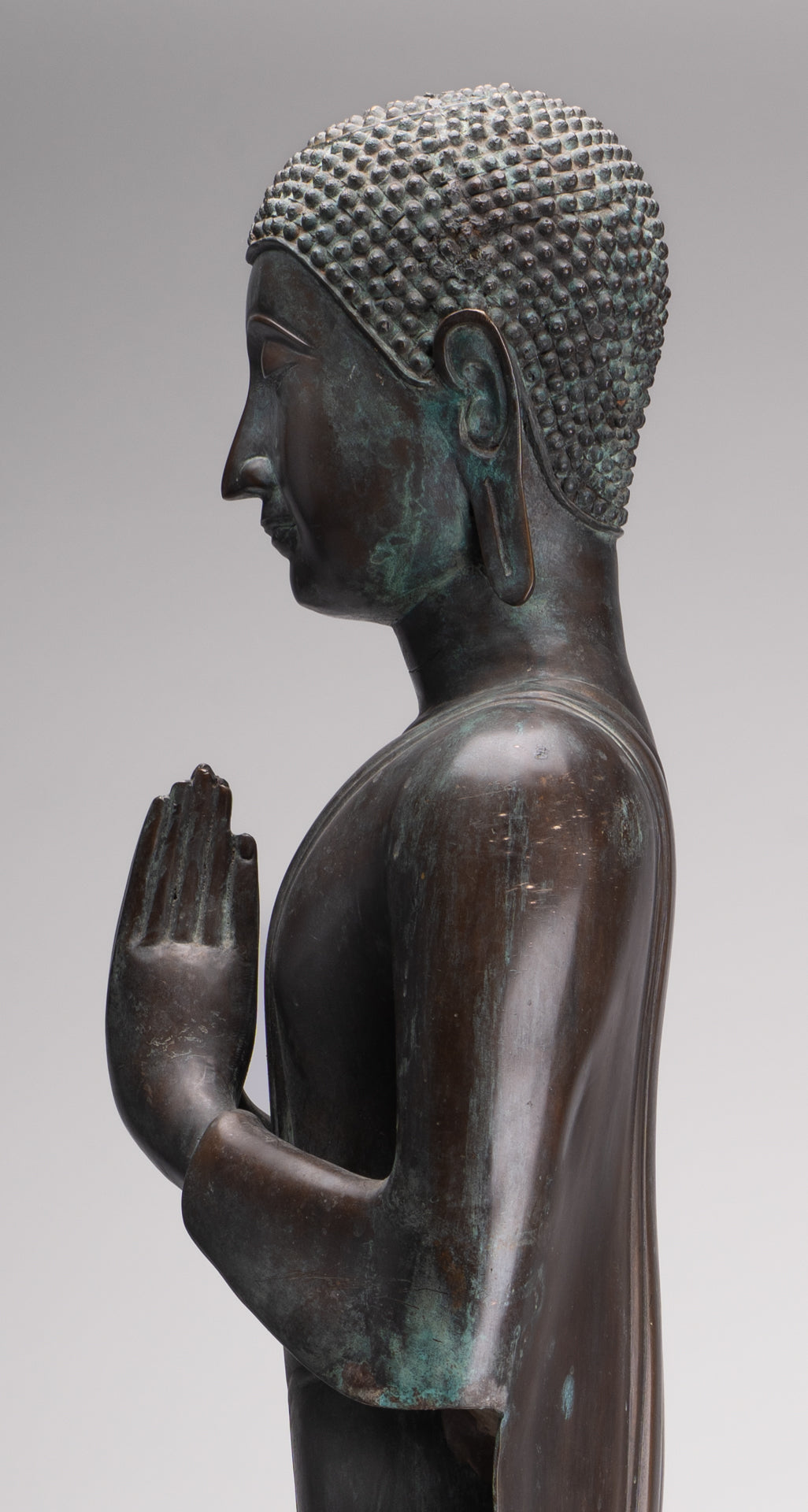 Antique Thai Style Standing Wood Adoration Standing Monk Statue - 100cm/40"