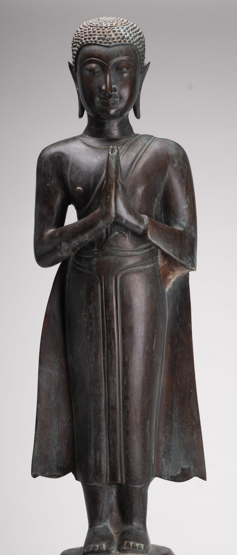 Antique Thai Style Standing Wood Adoration Standing Monk Statue - 100cm/40"