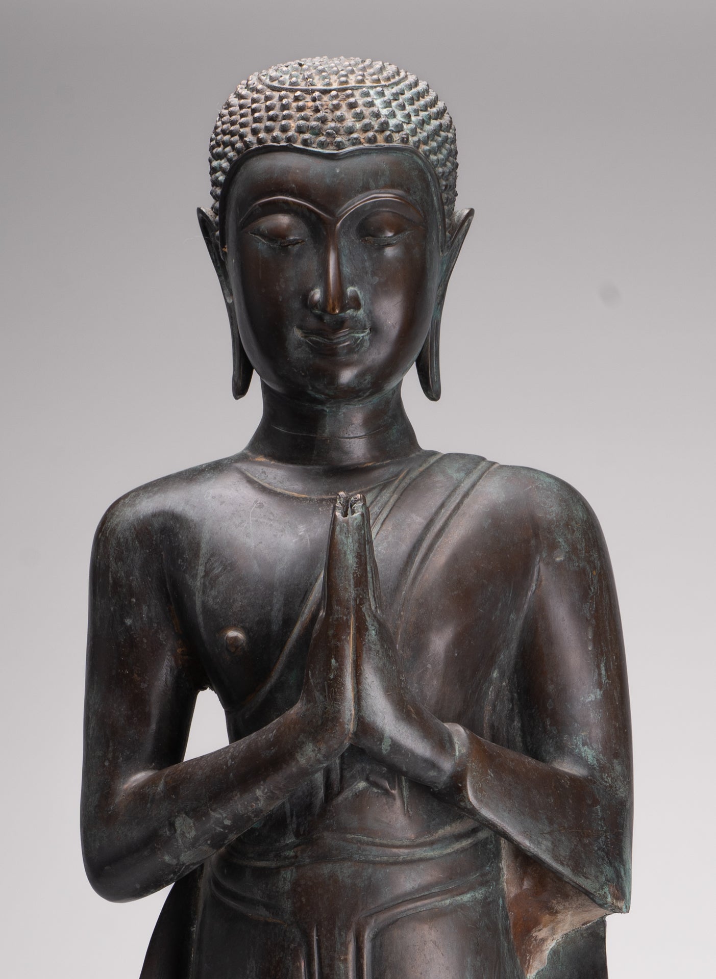 Antique Thai Style Standing Wood Adoration Standing Monk Statue - 100cm/40"