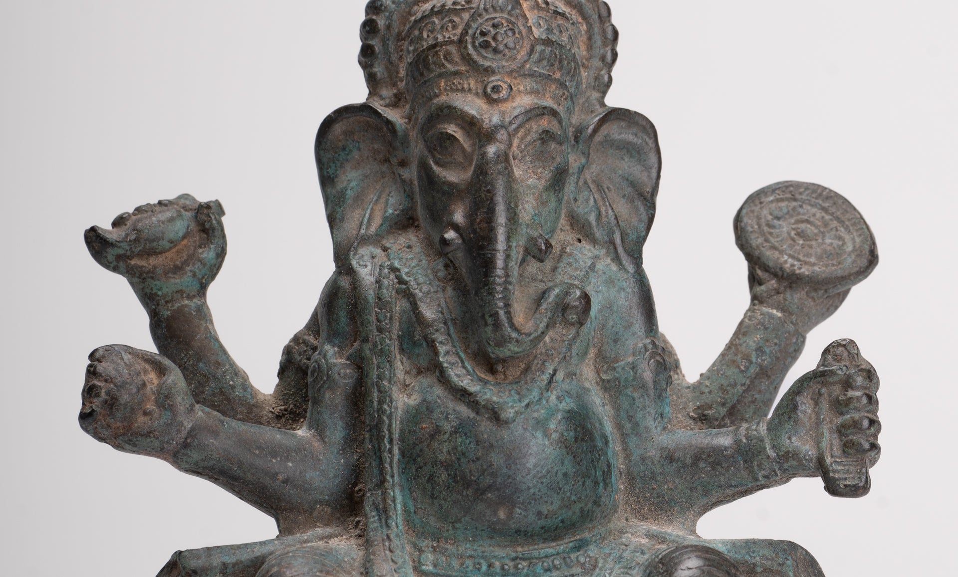 Ganesha Statue - Antique Thai Style Bronze Seated Ganesha Statue - 15.5cm/6"