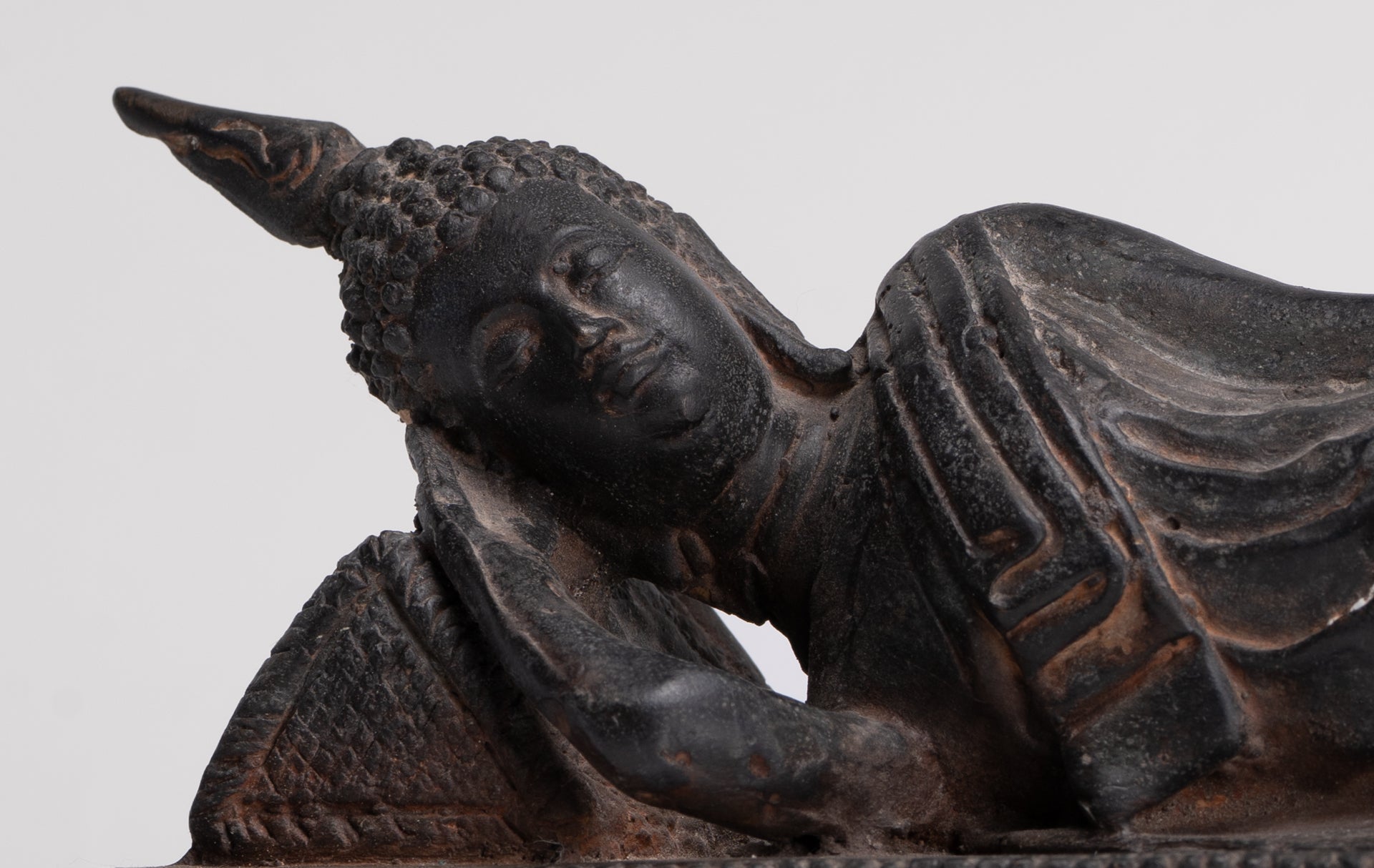 Buddha Statue - Antique Thai Style Bronze Sukhothai Reclining Nirvana Buddha Statue - 28cm/11"