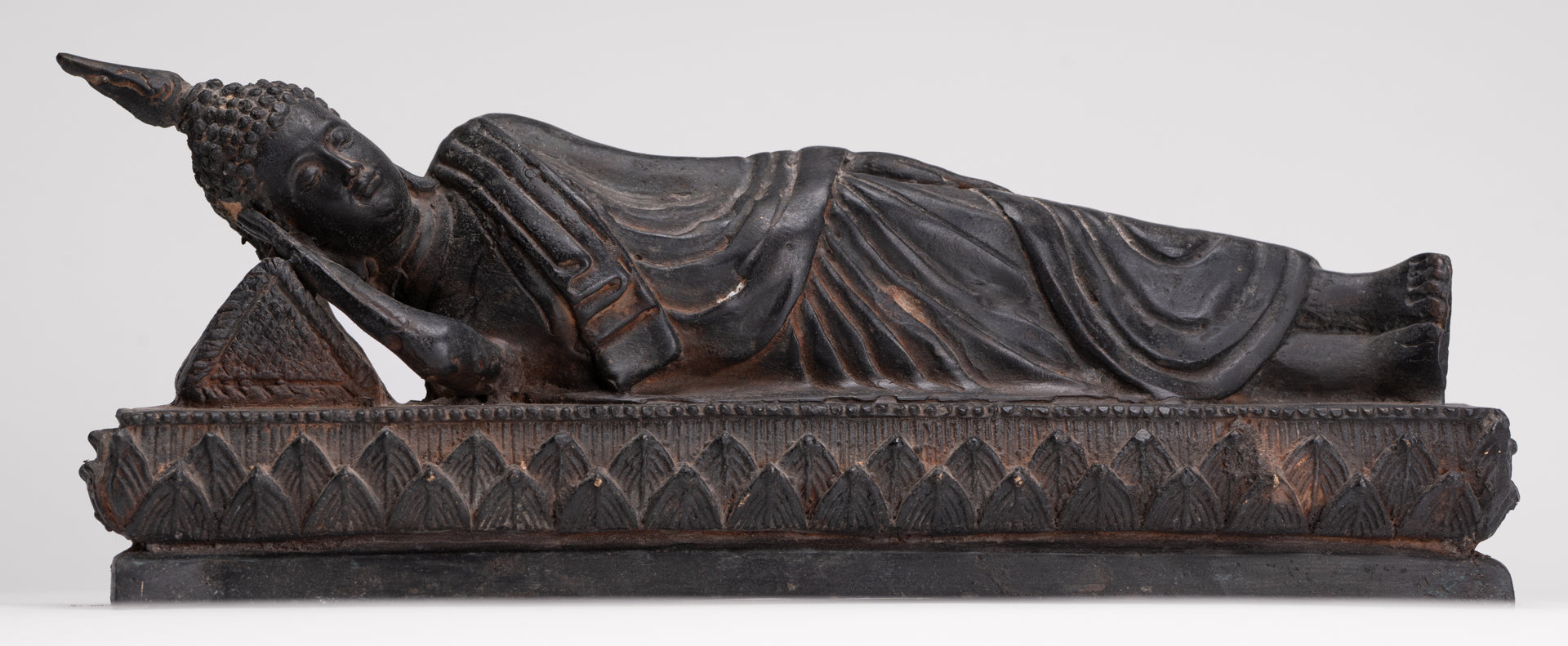 Buddha Statue - Antique Thai Style Bronze Sukhothai Reclining Nirvana Buddha Statue - 28cm/11"