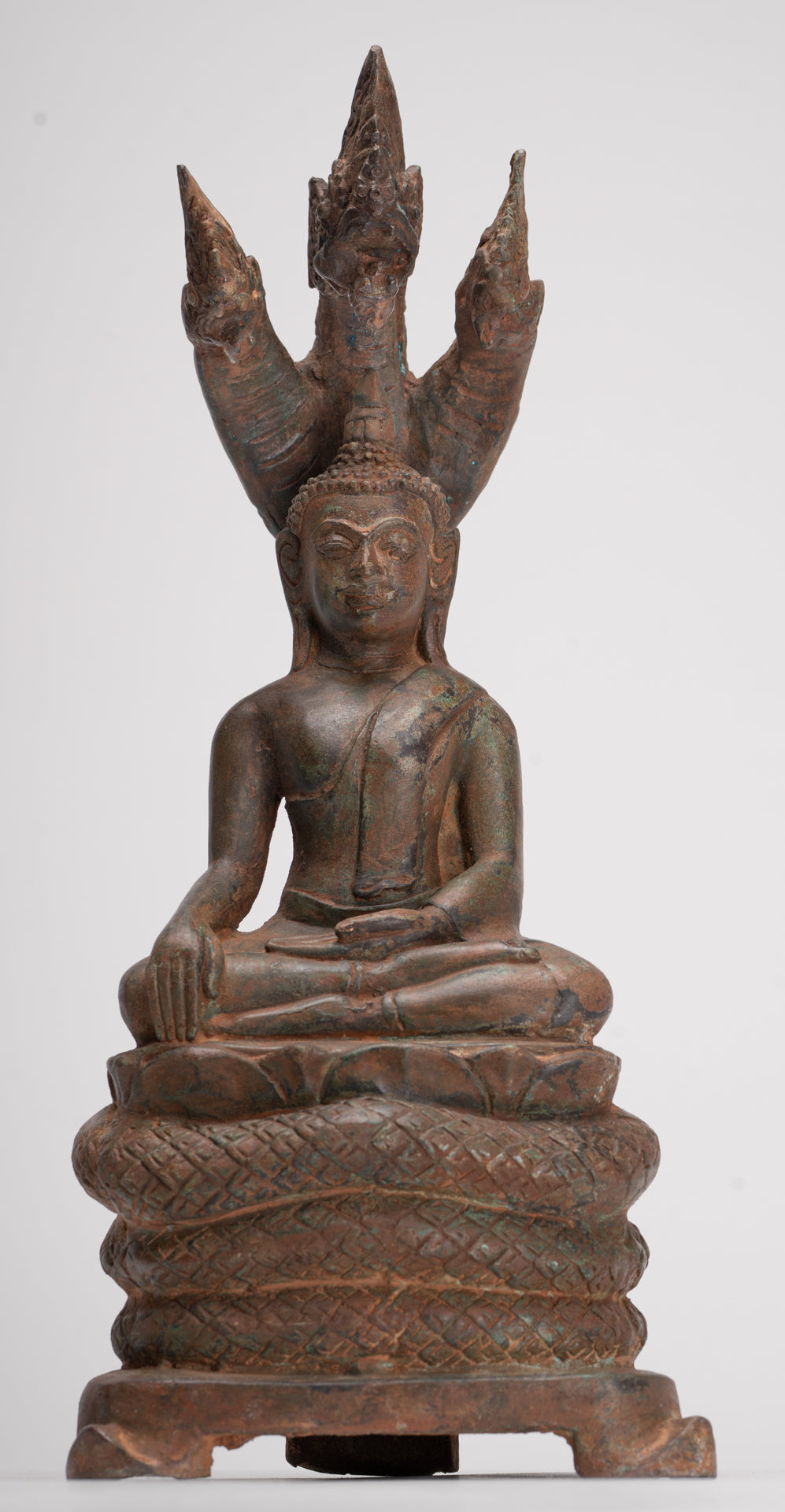 Buddha Statue - Antique Laos Style Bronze Enlightenment Naga Buddha Statue - 34cm/14"
