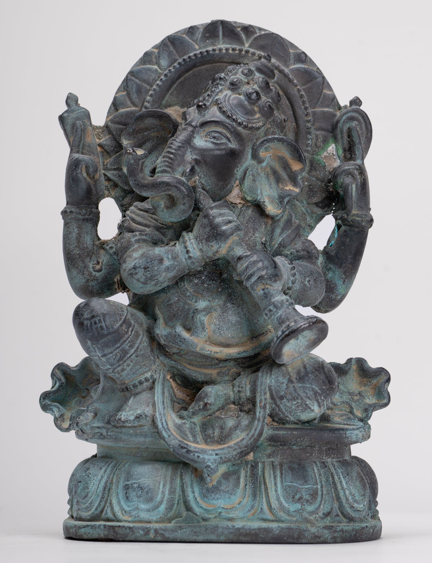 Ganesh - Antique Thai Style Bronze Seated Ganesh Statue - 15.5cm/6"