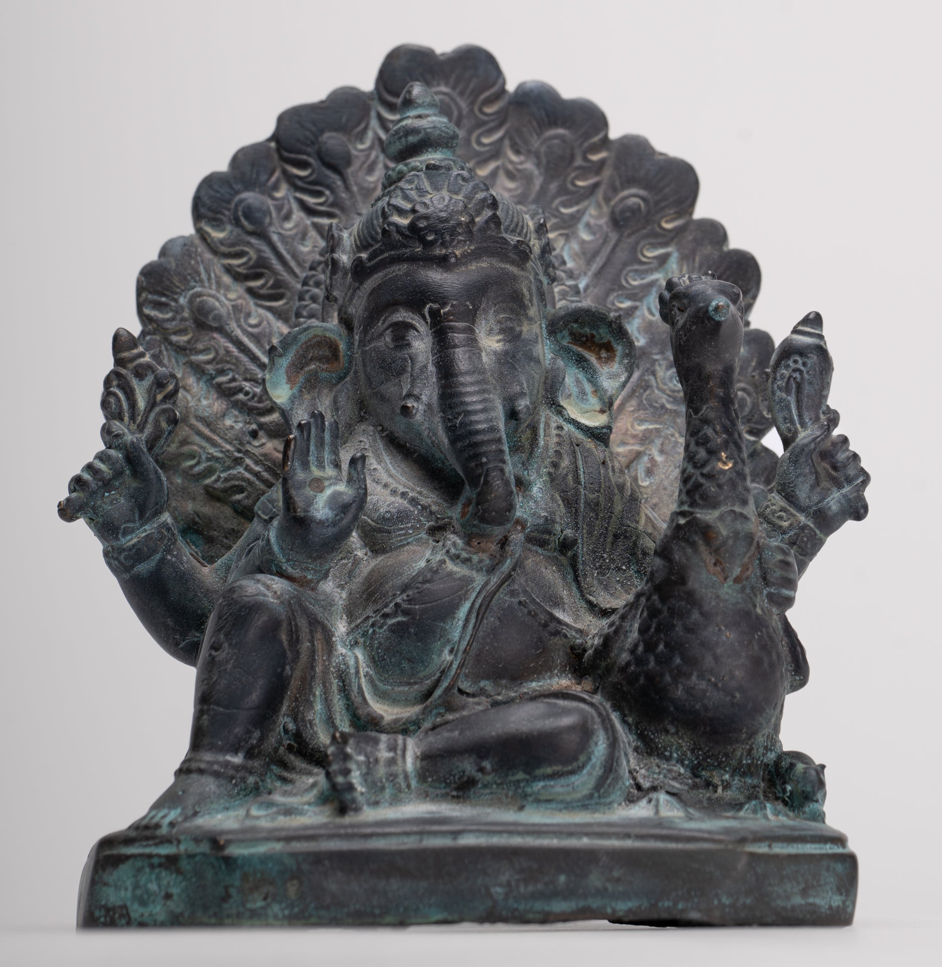 Ganesh - Antique Thai Style Bronze Seated Mayuresha Ganapathy Statue - 13cm/5"