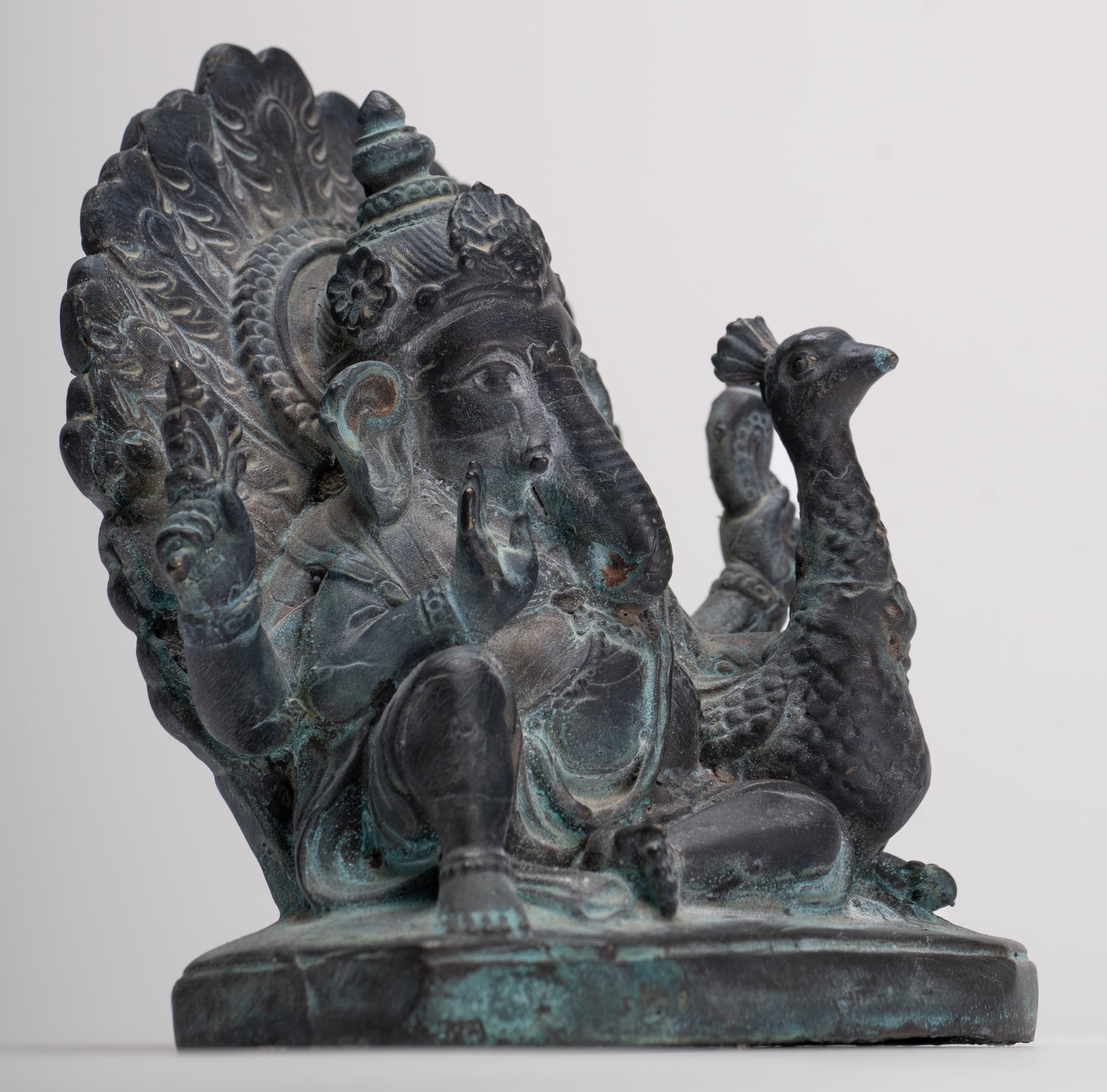 Ganesh - Antique Thai Style Bronze Seated Mayuresha Ganapathy Statue - 13cm/5"