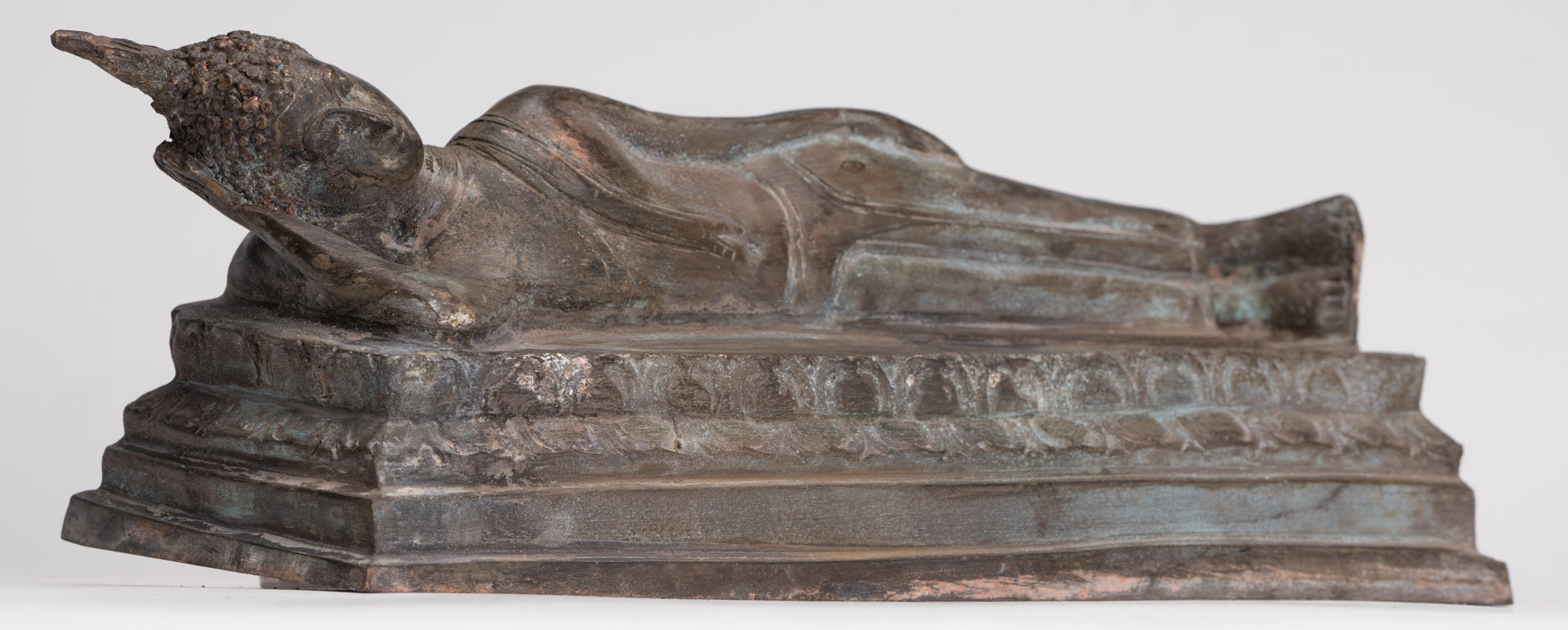 Buddha Statue - Antique Thai Style Bronze Sukhothai Reclining Nirvana Buddha Statue - 27cm/11"