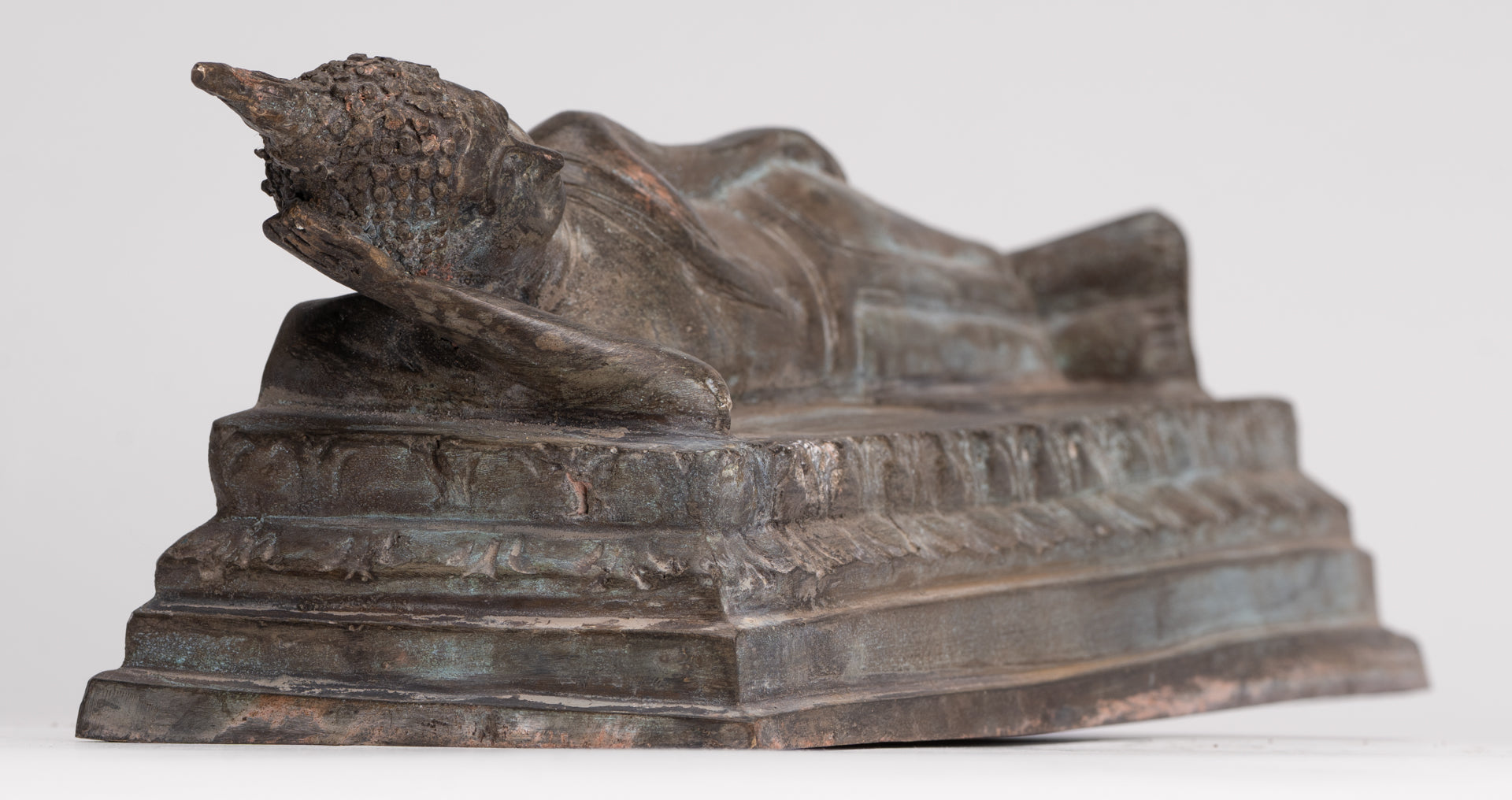 Buddha Statue - Antique Thai Style Bronze Sukhothai Reclining Nirvana Buddha Statue - 27cm/11"