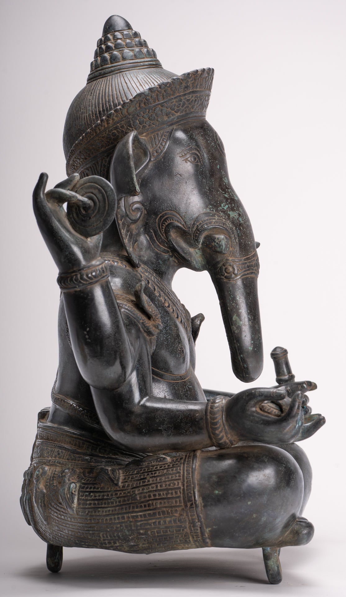 Large Ganesha Statue - Antique Khmer Style Angkor Wat Bronze Seated Four Arm Ganesh Statue - 56cm/22"