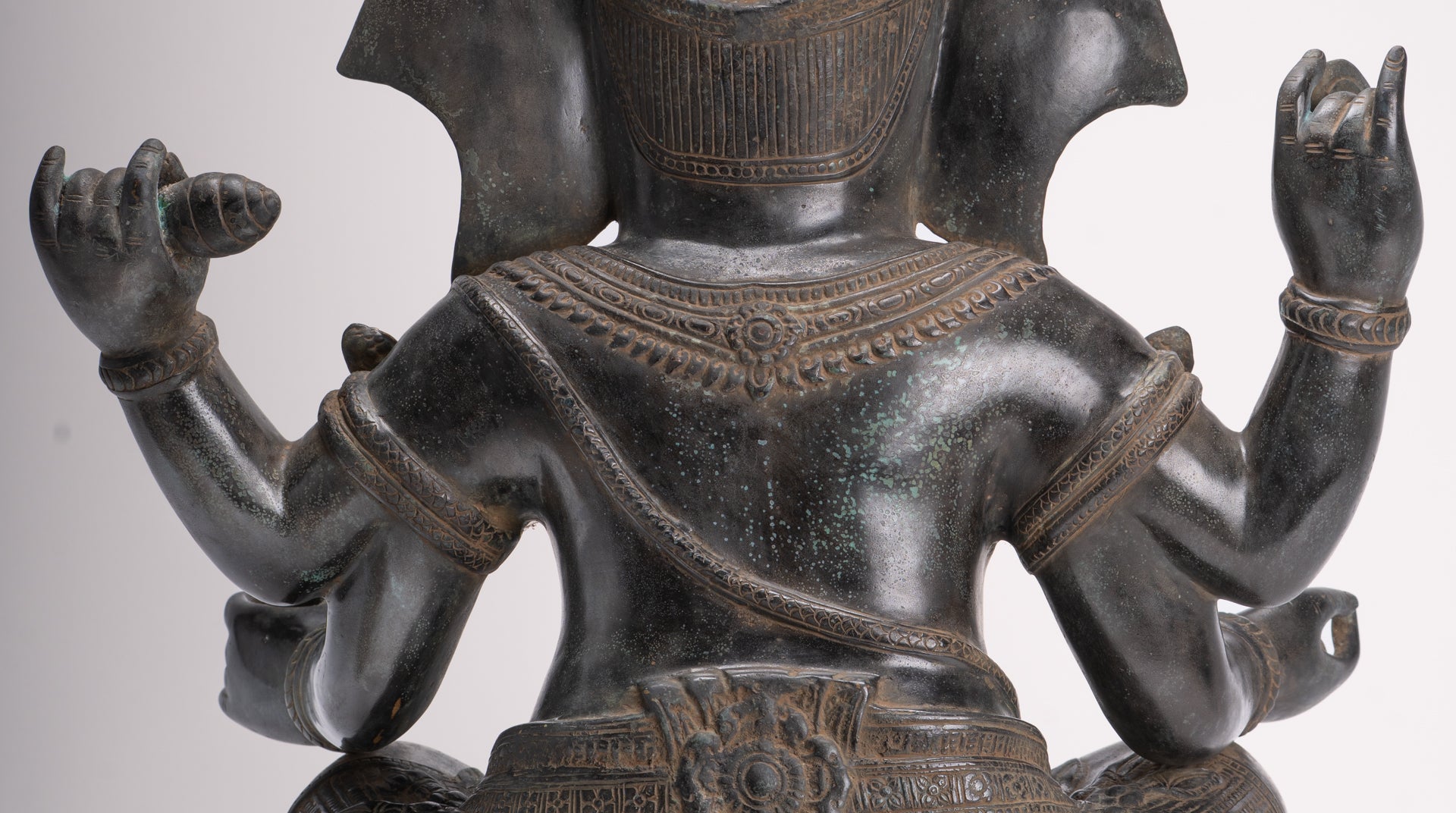 Large Ganesha Statue - Antique Khmer Style Angkor Wat Bronze Seated Four Arm Ganesh Statue - 56cm/22"