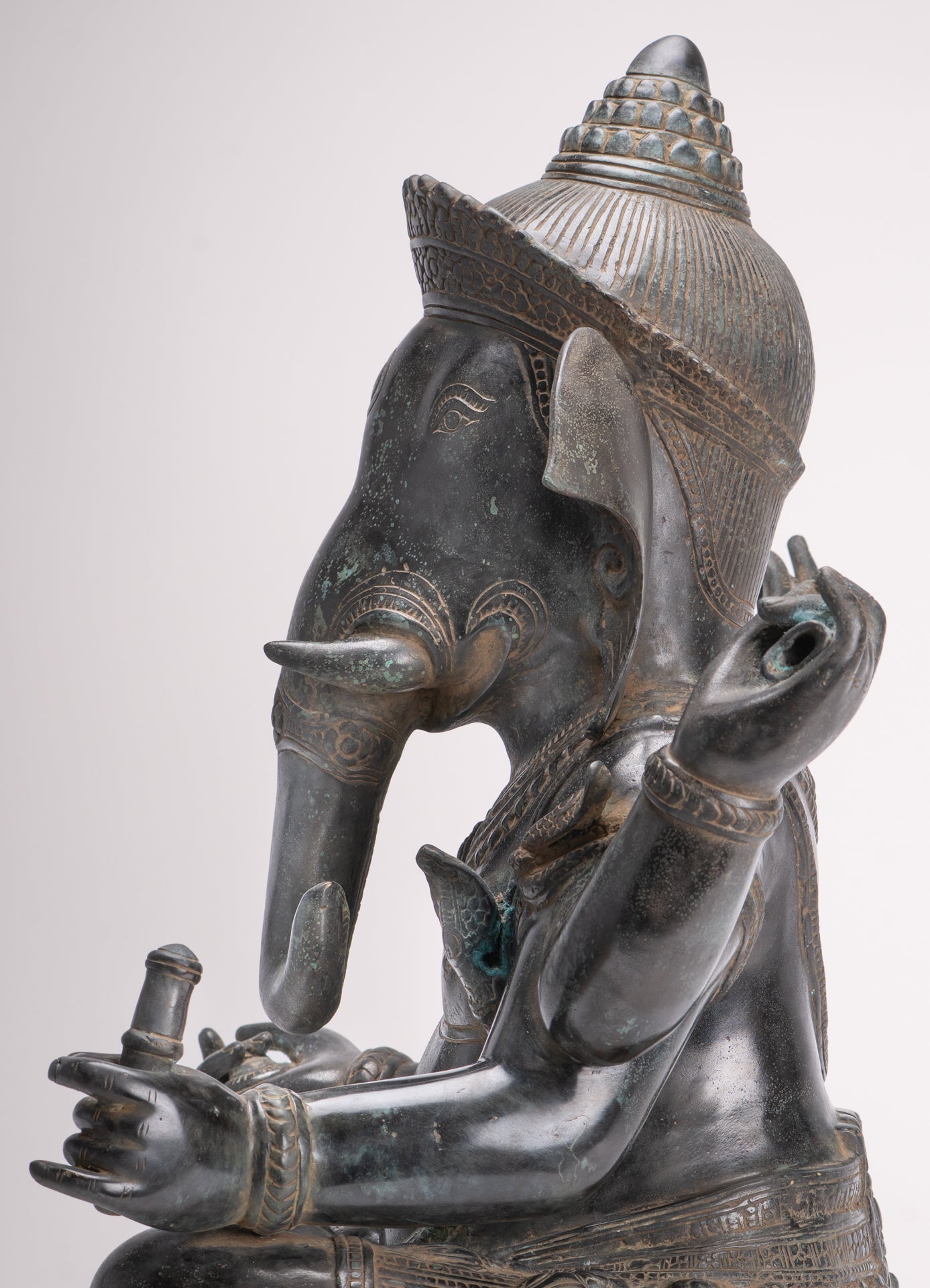 Large Ganesha Statue - Antique Khmer Style Angkor Wat Bronze Seated Four Arm Ganesh Statue - 56cm/22"