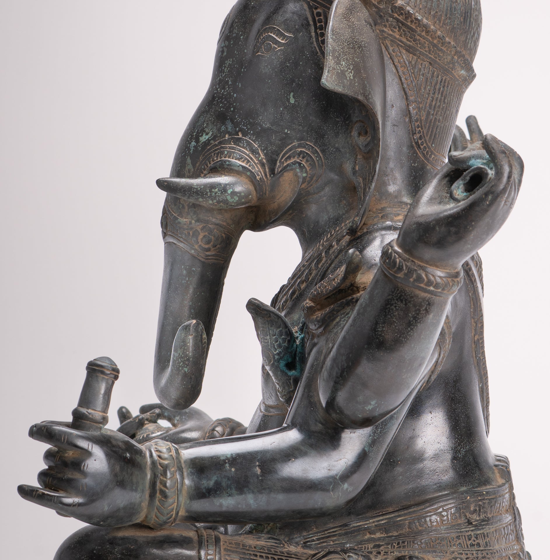 Large Ganesha Statue - Antique Khmer Style Angkor Wat Bronze Seated Four Arm Ganesh Statue - 56cm/22"