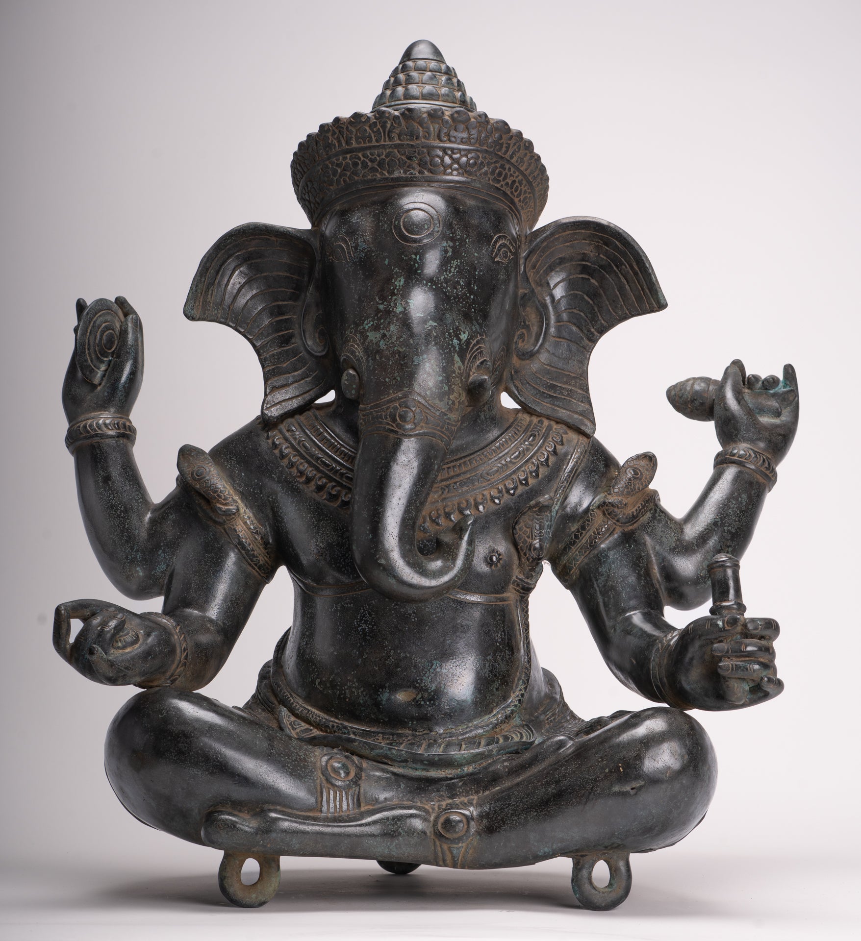 Large Ganesha Statue - Antique Khmer Style Angkor Wat Bronze Seated Four Arm Ganesh Statue - 56cm/22"