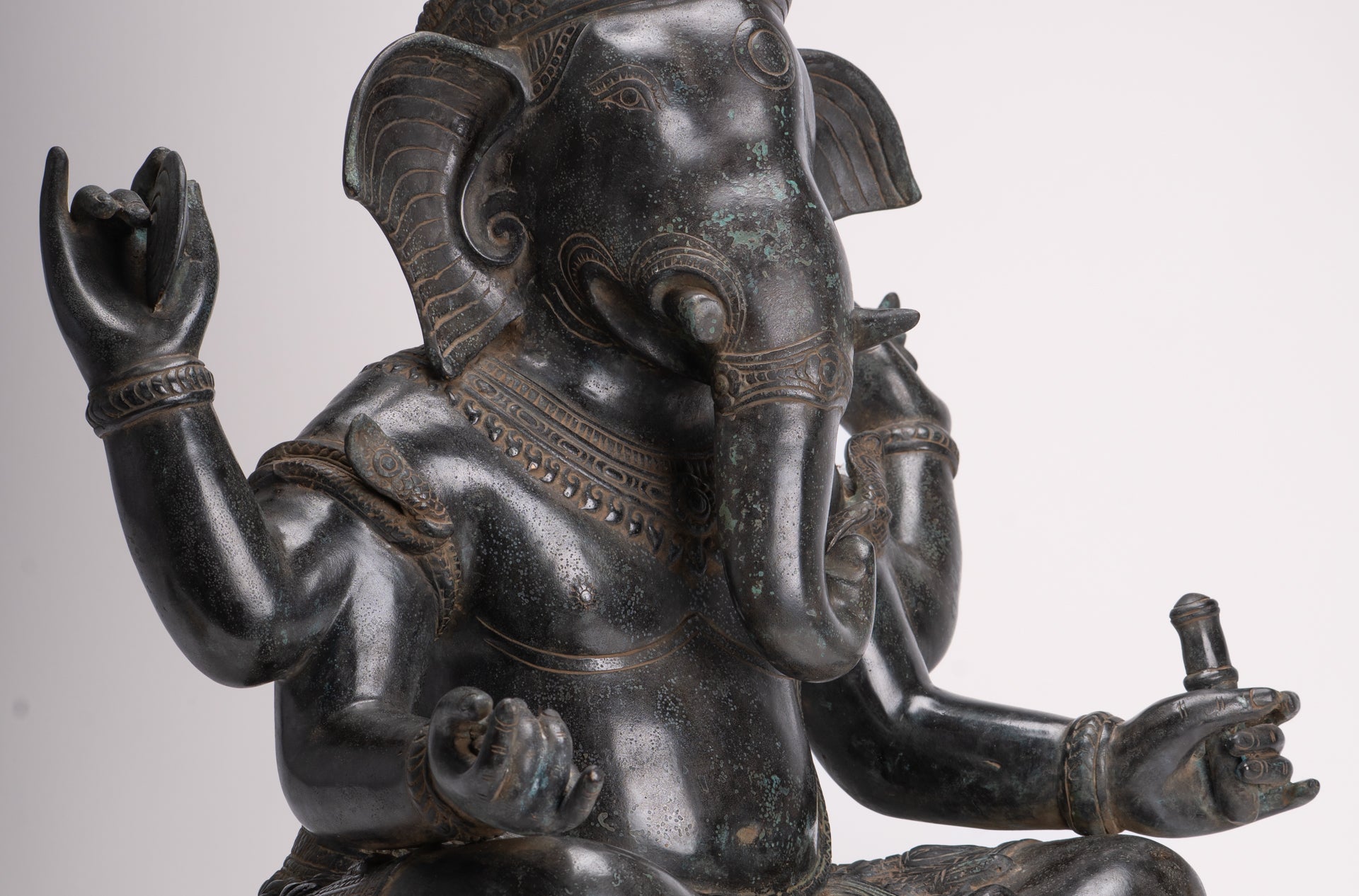 Large Ganesha Statue - Antique Khmer Style Angkor Wat Bronze Seated Four Arm Ganesh Statue - 56cm/22"