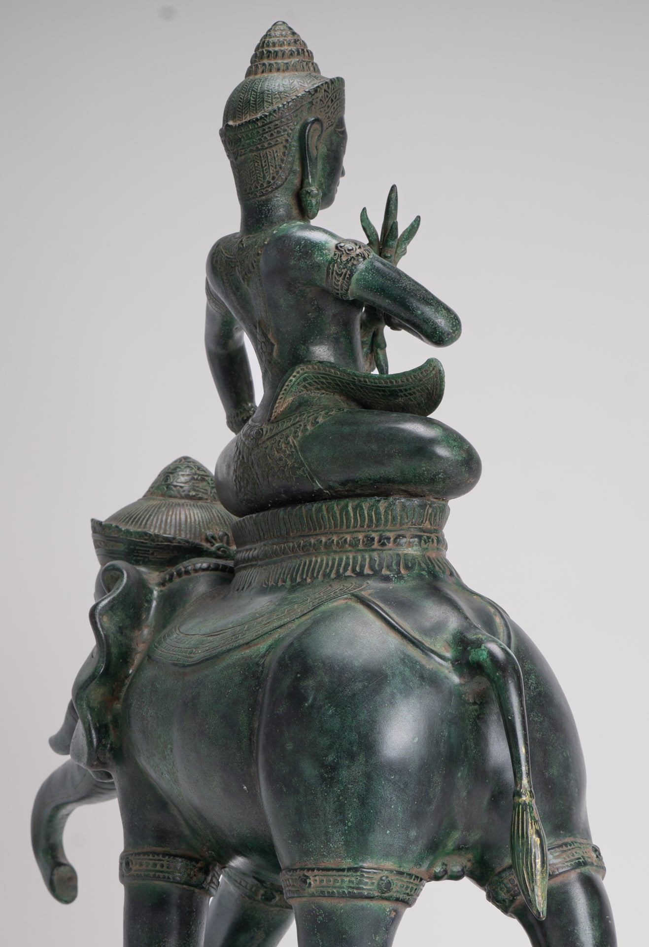 Indra Statue - Antique Khmer Style Bronze Erawan Airavata Statue with Indra - 59cm/24"