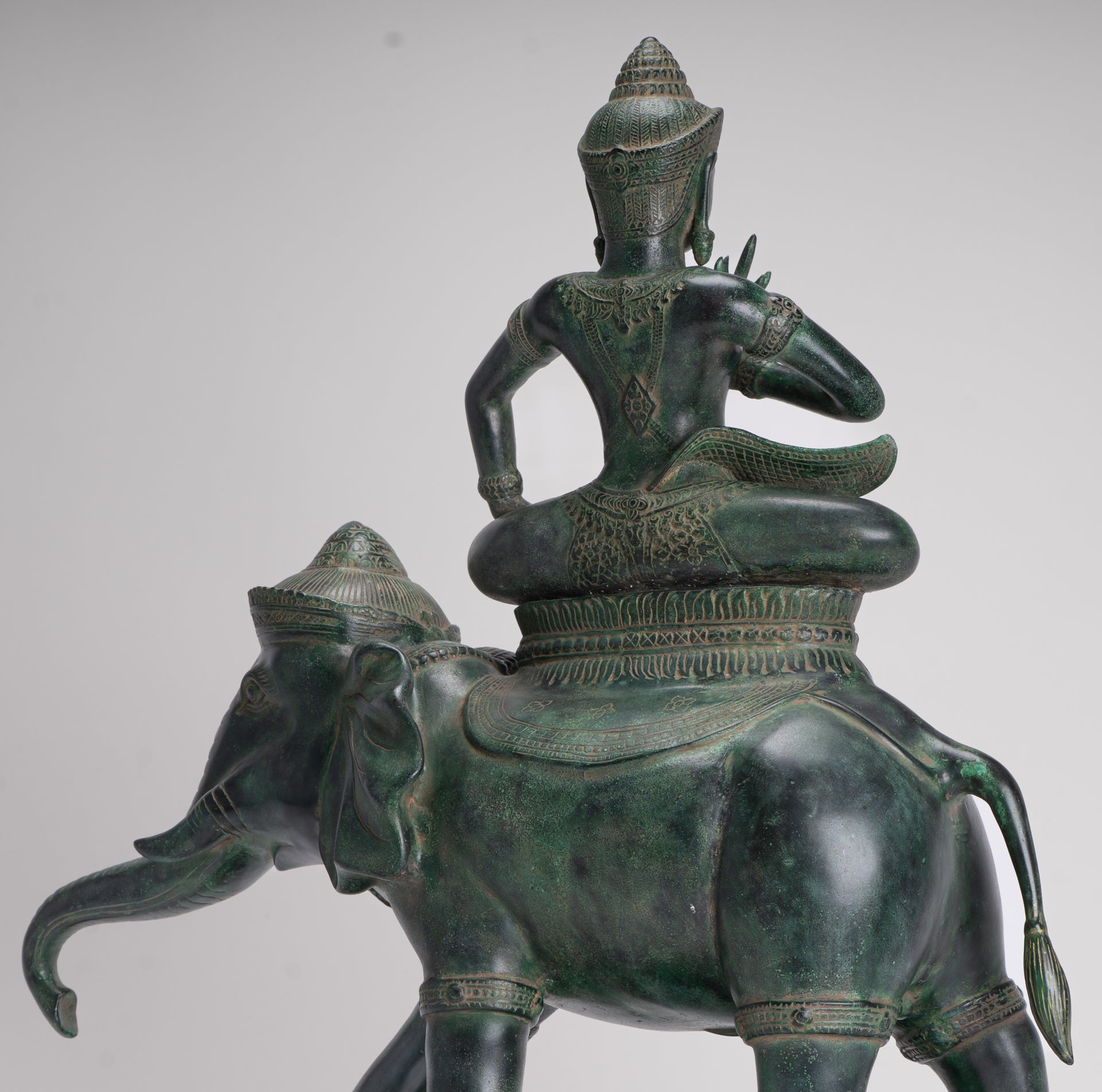 Indra Statue - Antique Khmer Style Bronze Erawan Airavata Statue with Indra - 59cm/24"