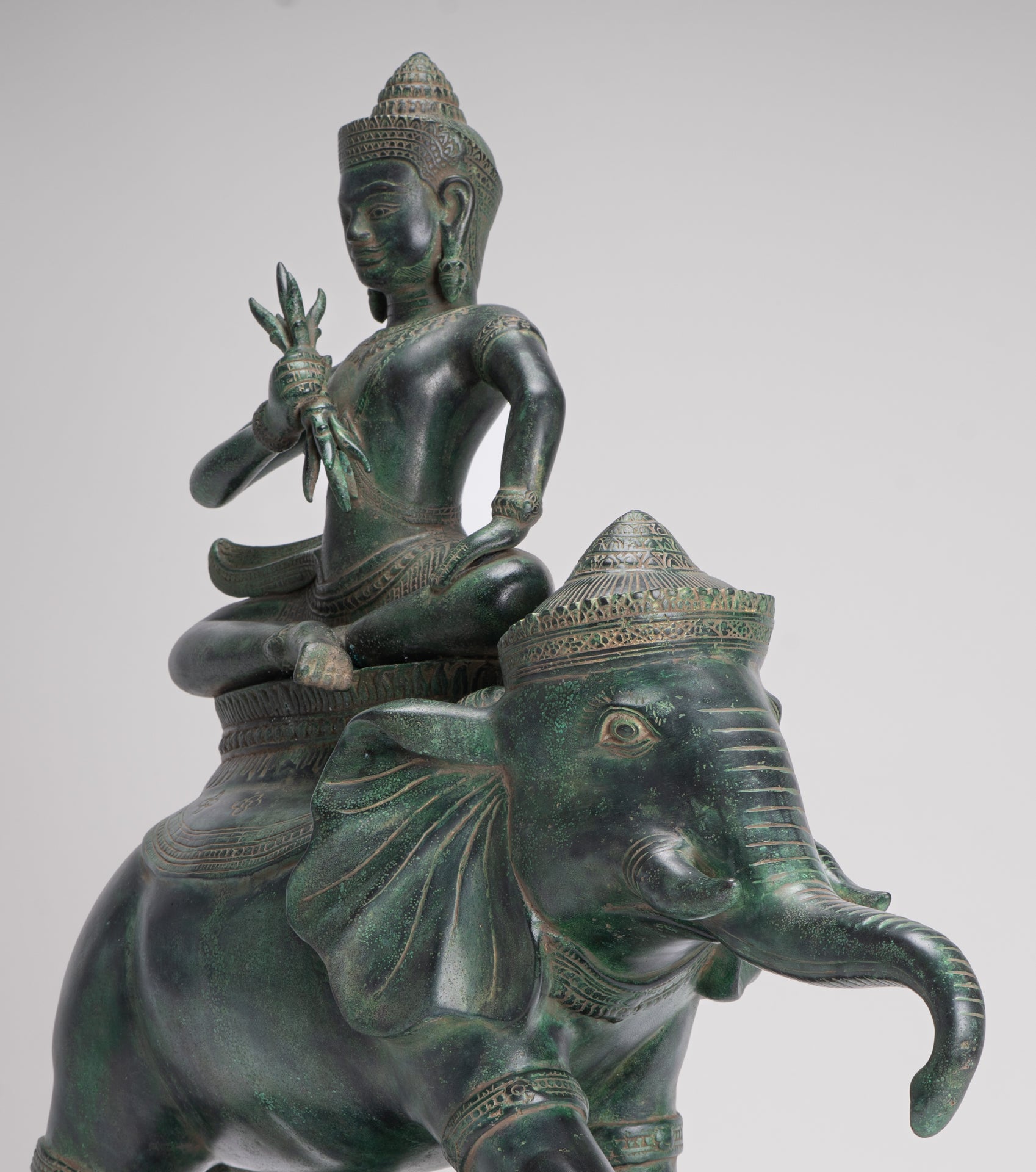 Indra Statue - Antique Khmer Style Bronze Erawan Airavata Statue with Indra - 59cm/24"