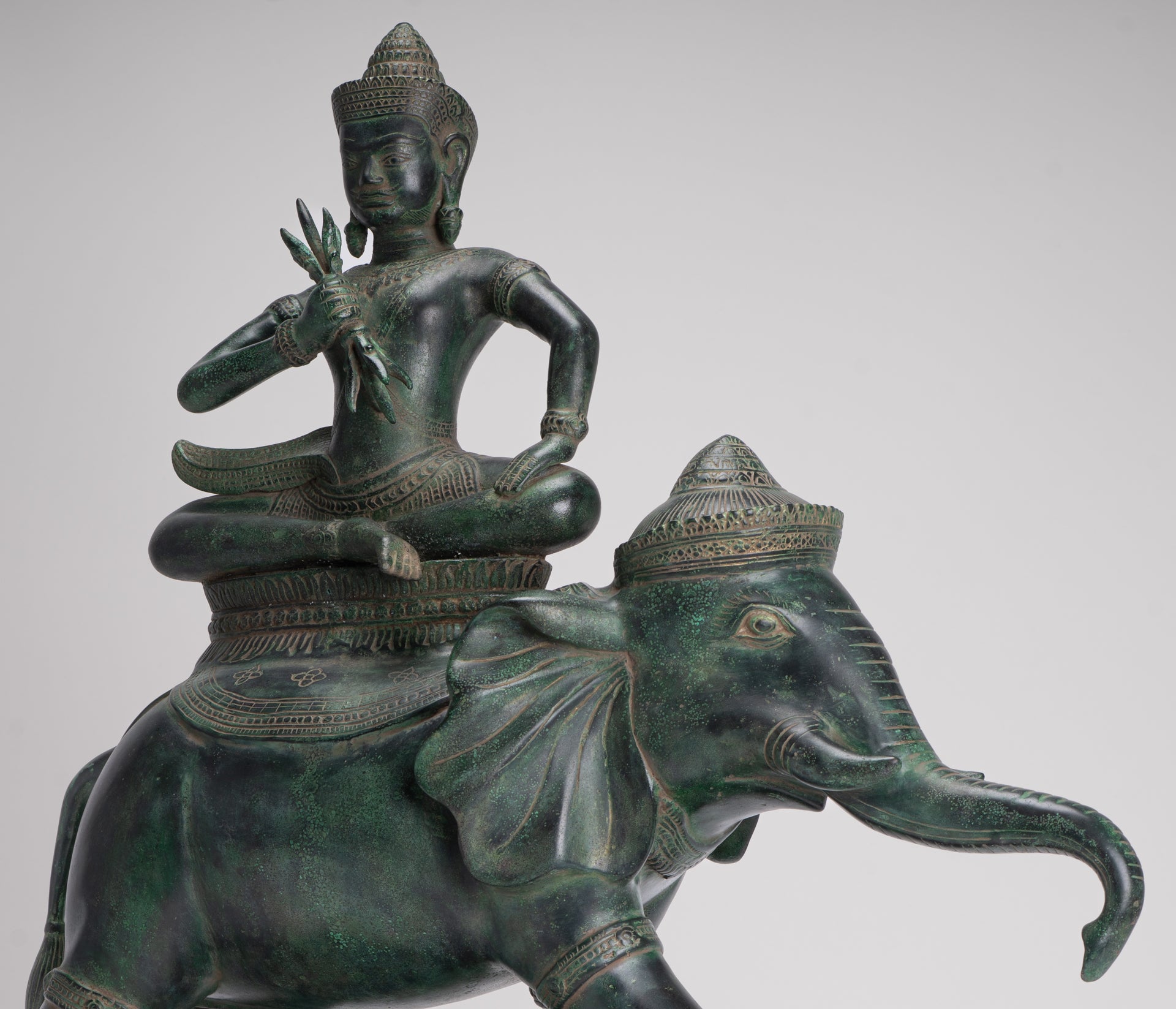 Indra Statue - Antique Khmer Style Bronze Erawan Airavata Statue with Indra - 59cm/24"