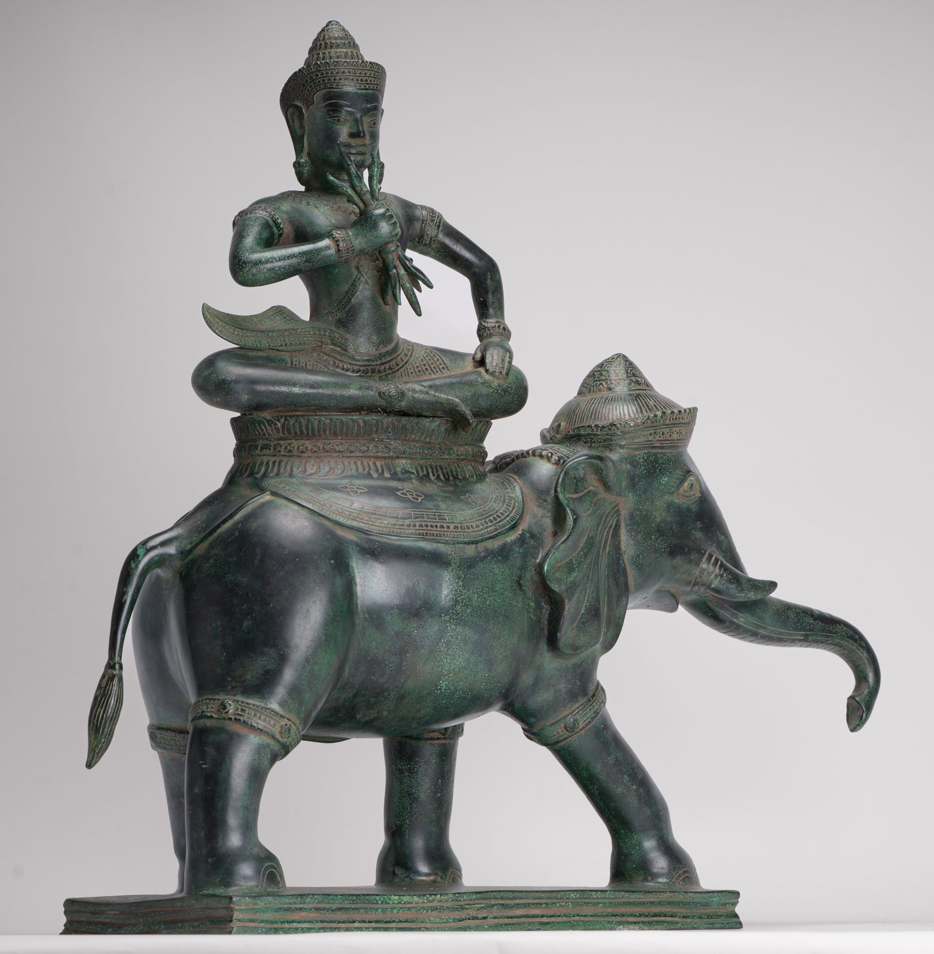Indra Statue - Antique Khmer Style Bronze Erawan Airavata Statue with Indra - 59cm/24"