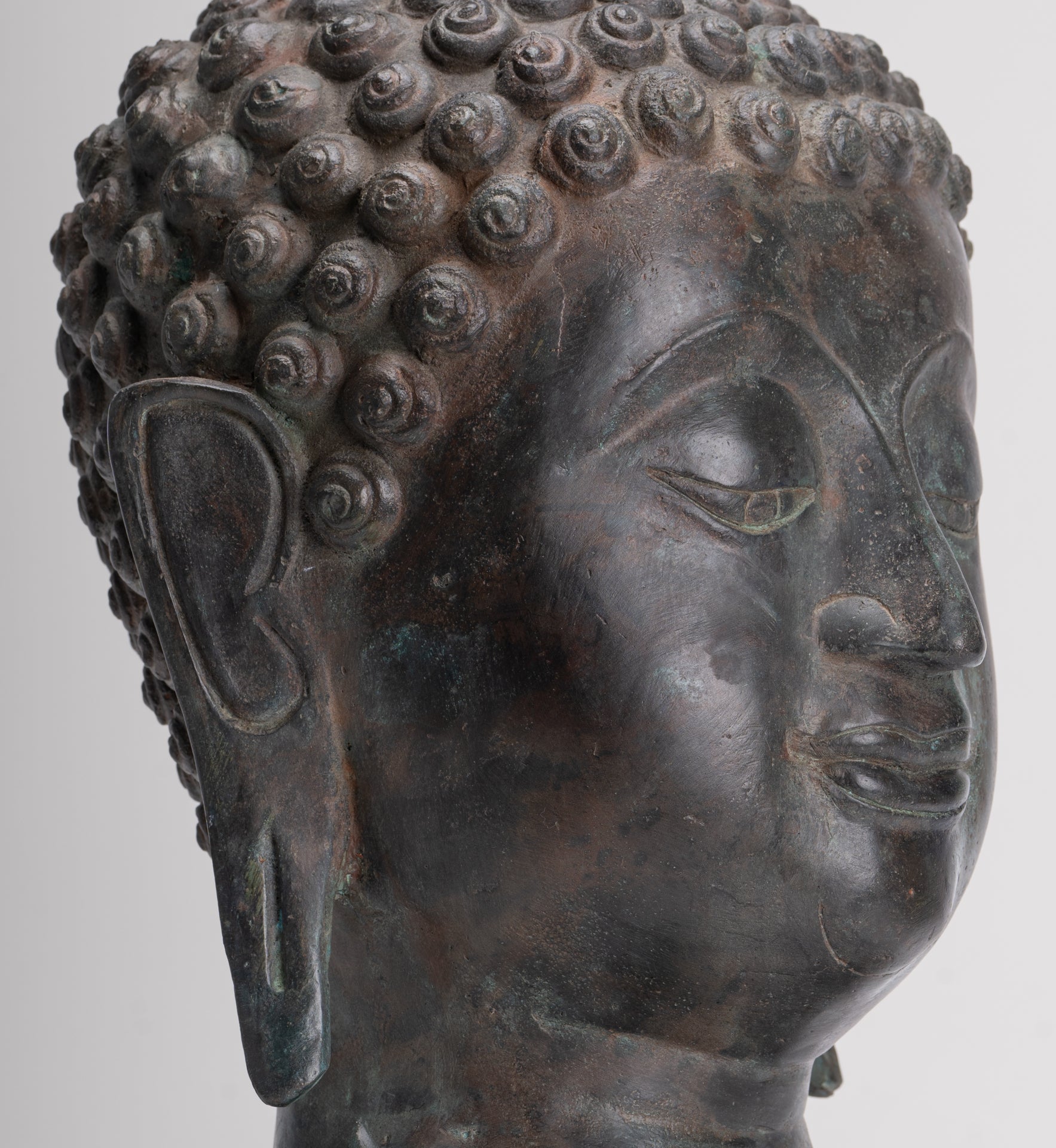 Buddha Head - Antique Thai Style Chiang Saen Mounted Bronze Buddha Head - 45cm/18"
